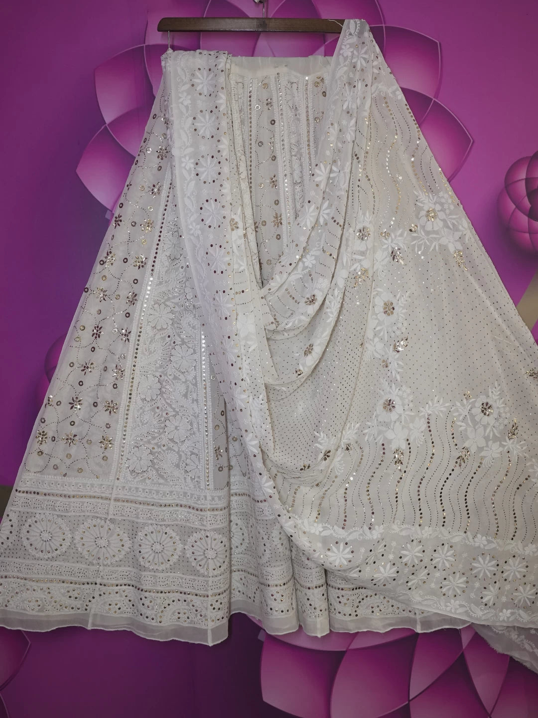 Ada Hand Embroidered Ivory White Pure Georgette Lucknowi Chikankari Lehenga Set With Mukaish Work 01A377872