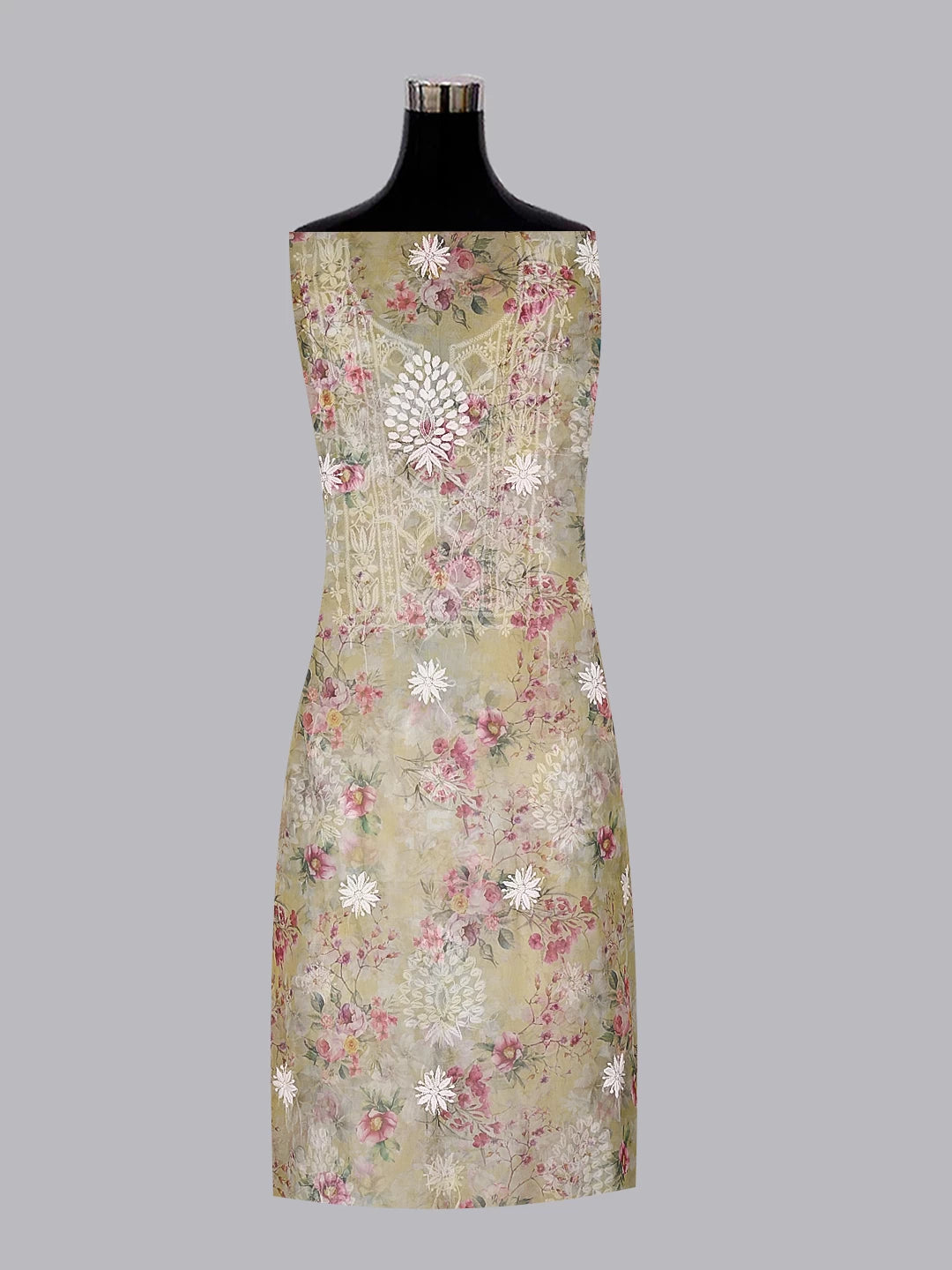 Ada Hand Embroidered Yellow Floral Print Organza Lucknowi Chikankari Unstitched Kurta Dupatta Set 01A457408
