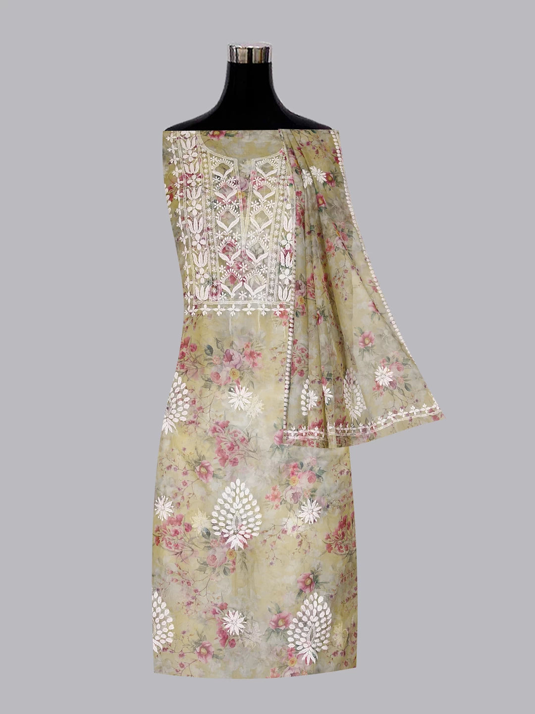 Ada Hand Embroidered Yellow Floral Print Organza Lucknowi Chikankari Unstitched Kurta Dupatta Set 01A457408