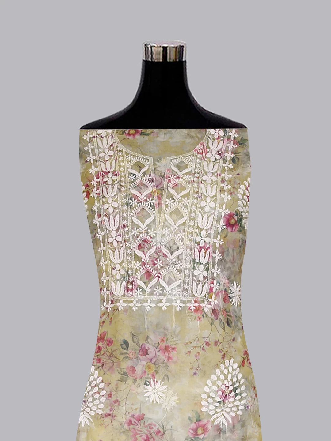 Ada Hand Embroidered Yellow Floral Print Organza Lucknowi Chikankari Unstitched Kurta Dupatta Set 01A457408
