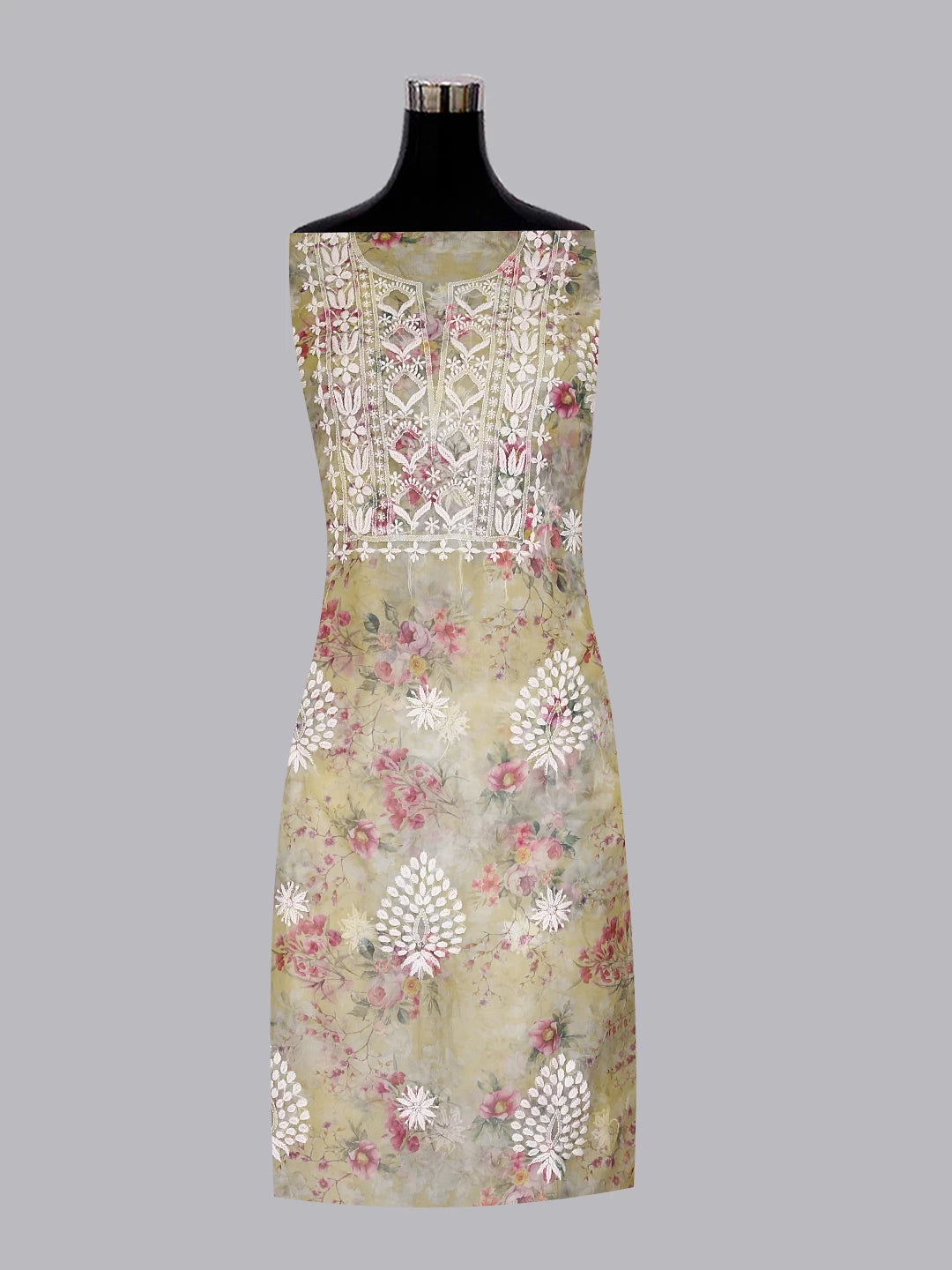 Ada Hand Embroidered Yellow Floral Print Organza Lucknowi Chikankari Unstitched Kurta Dupatta Set 01A457408