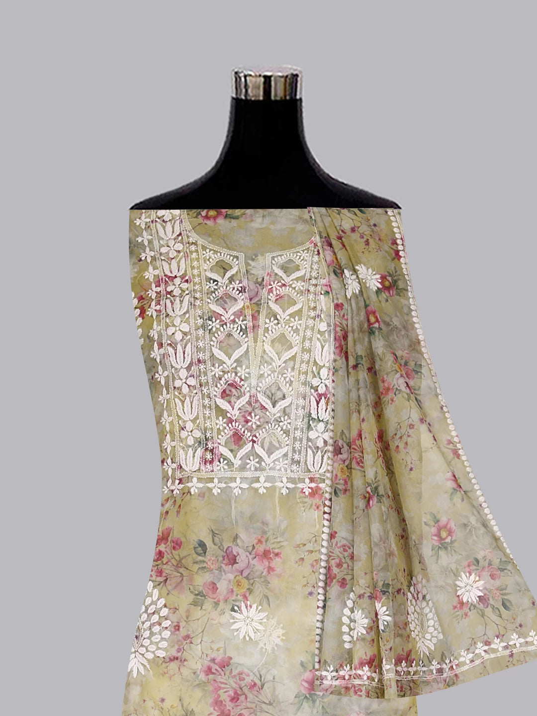 Ada Hand Embroidered Yellow Floral Print Organza Lucknowi Chikankari Unstitched Kurta Dupatta Set 01A457408