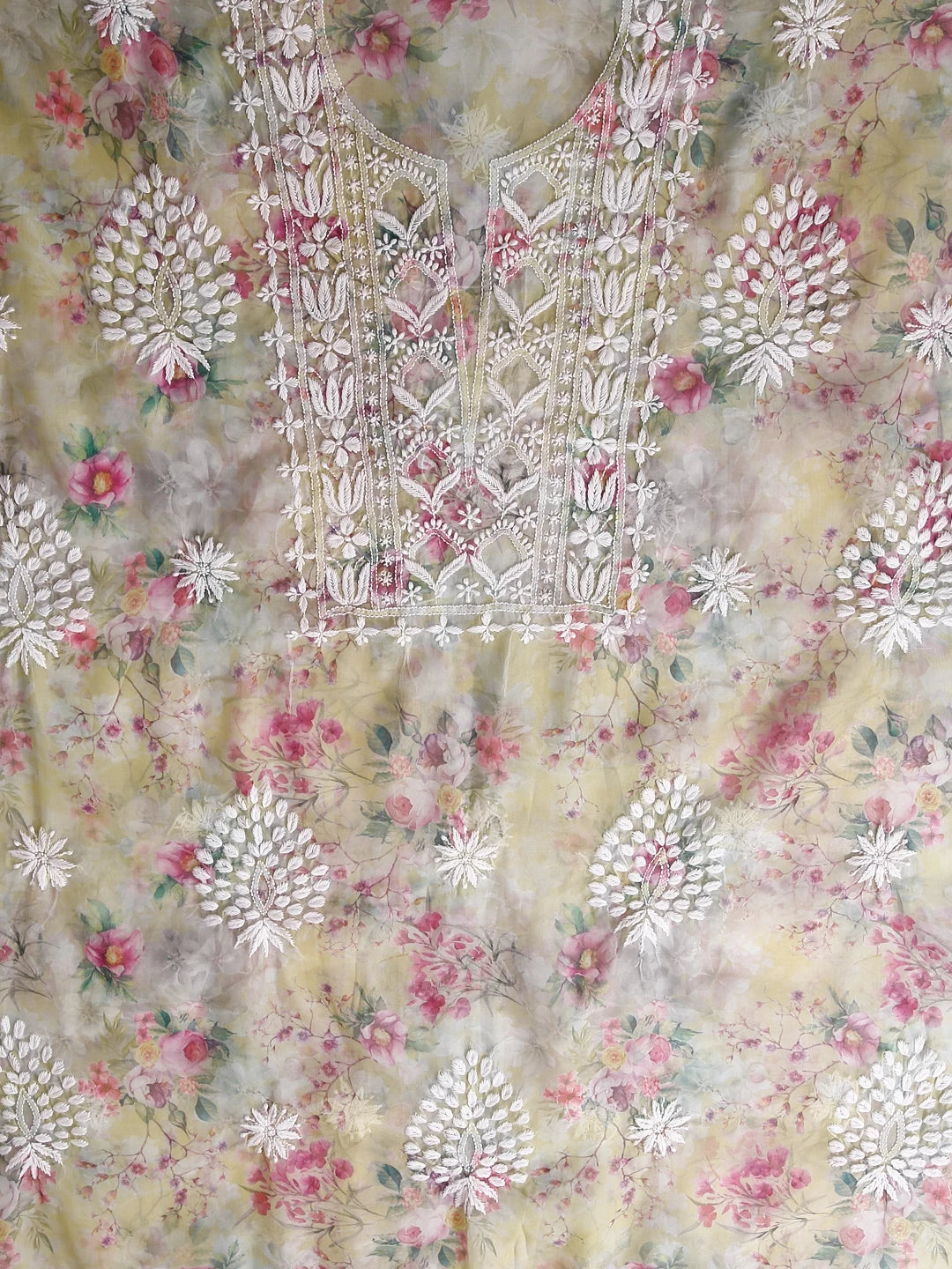 Ada Hand Embroidered Yellow Floral Print Organza Lucknowi Chikankari Unstitched Kurta Dupatta Set 01A457408