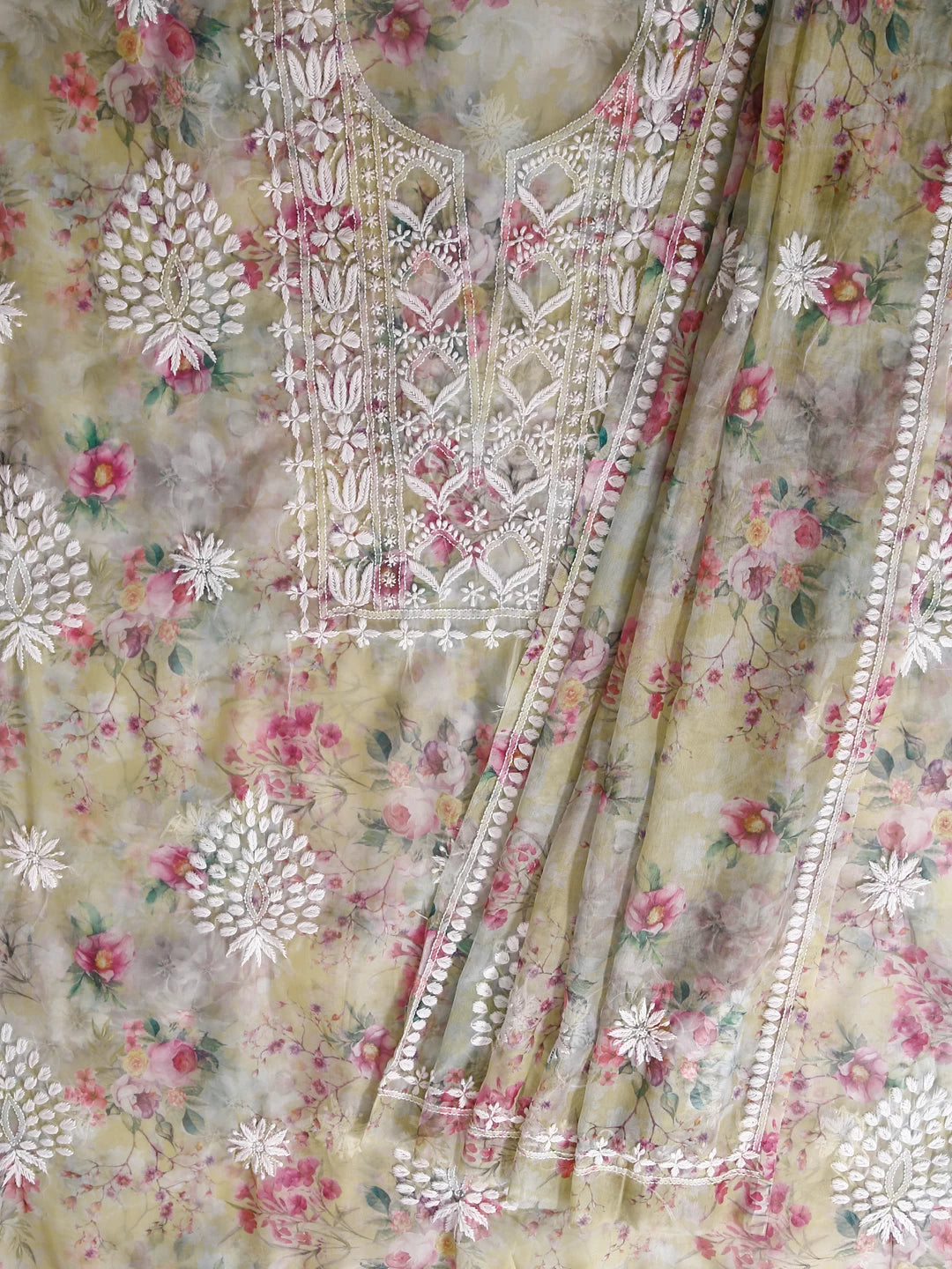 Ada Hand Embroidered Yellow Floral Print Organza Lucknowi Chikankari Unstitched Kurta Dupatta Set 01A457408