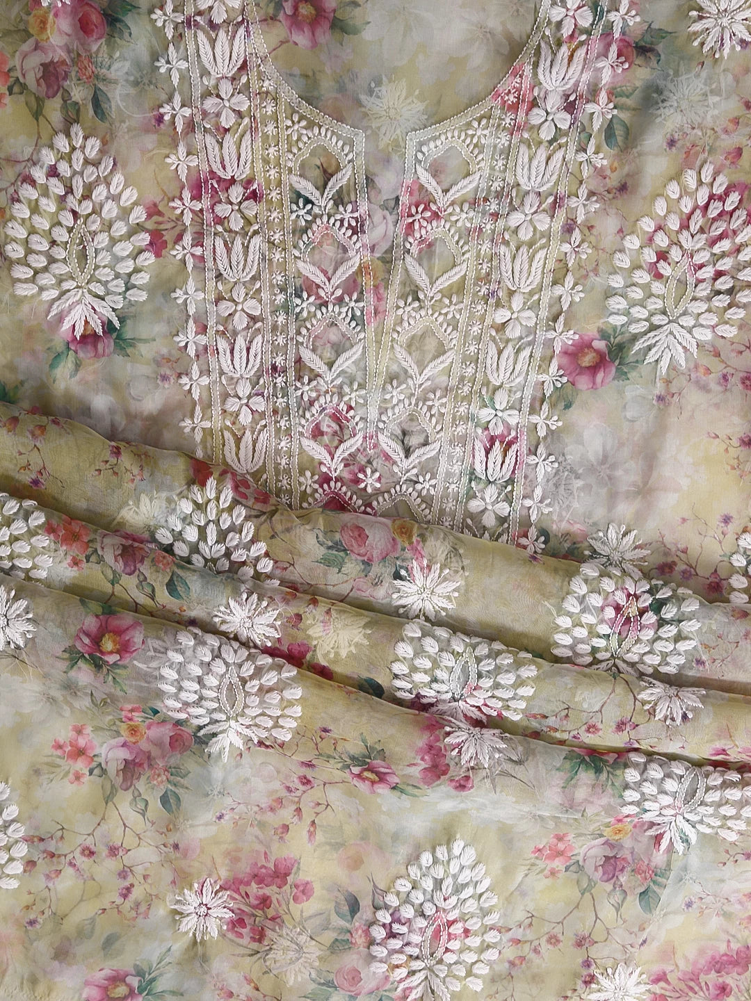 Ada Hand Embroidered Yellow Floral Print Organza Lucknowi Chikankari Unstitched Kurta Dupatta Set 01A457408