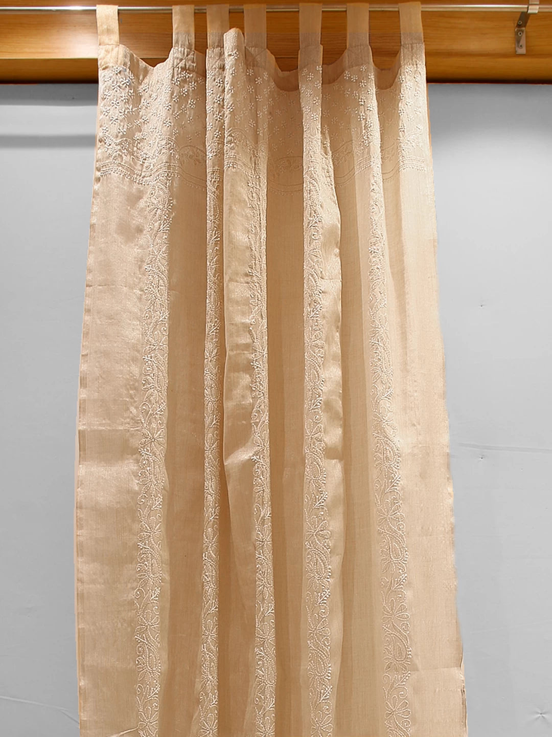 Ada Hand Embroidered Natural Fawn Tissue Lucknowi Chikankari Curtain 01A155032
