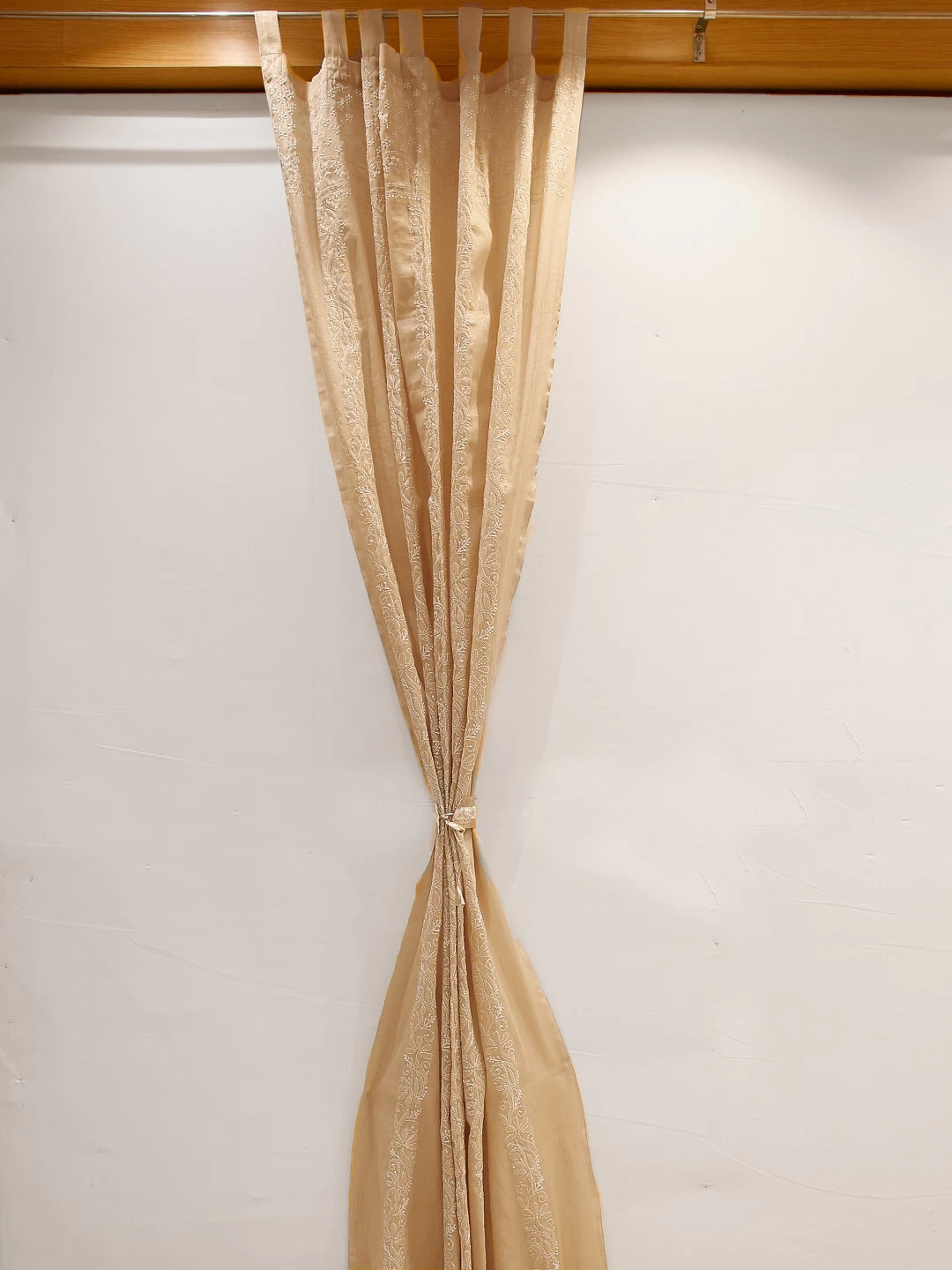 Ada Hand Embroidered Natural Fawn Tissue Lucknowi Chikankari Curtain 01A155032
