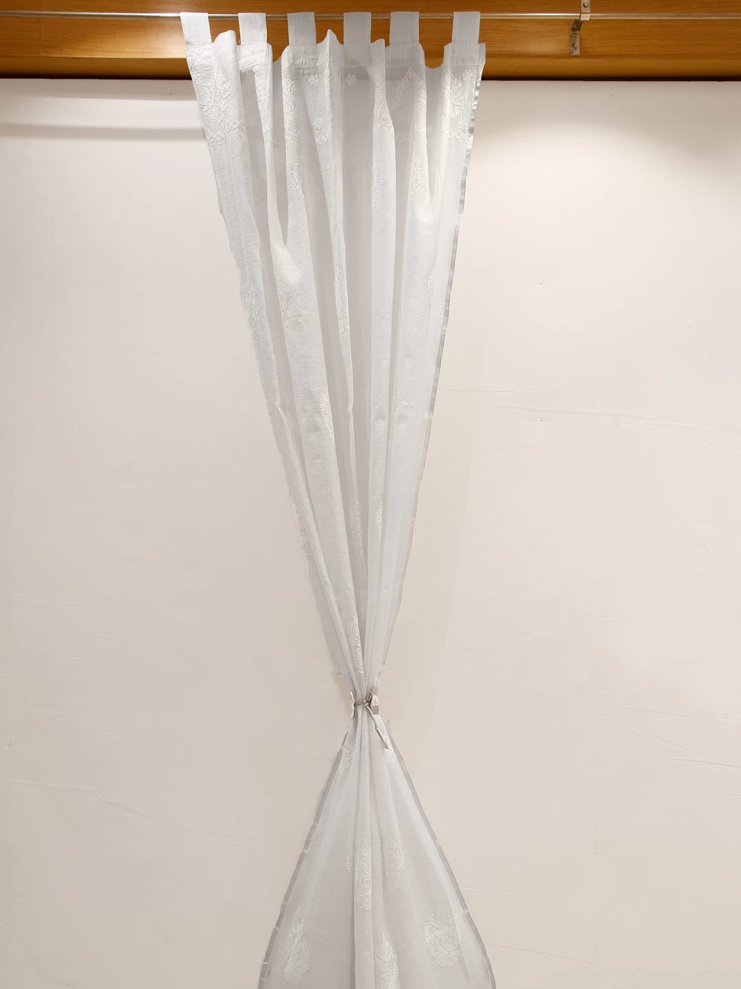 Ada Hand Embroidered Silver White Tissue Lucknowi Chikankari Curtain 01A414552