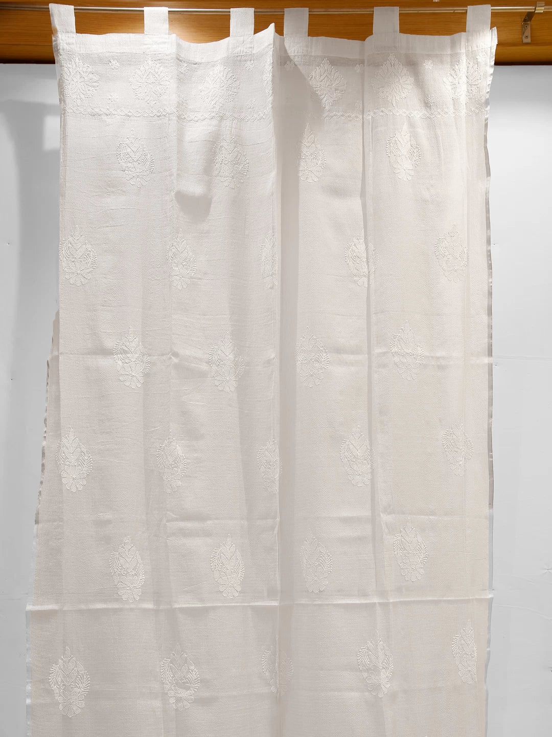 Ada Hand Embroidered Silver White Tissue Lucknowi Chikankari Curtain 01A414552