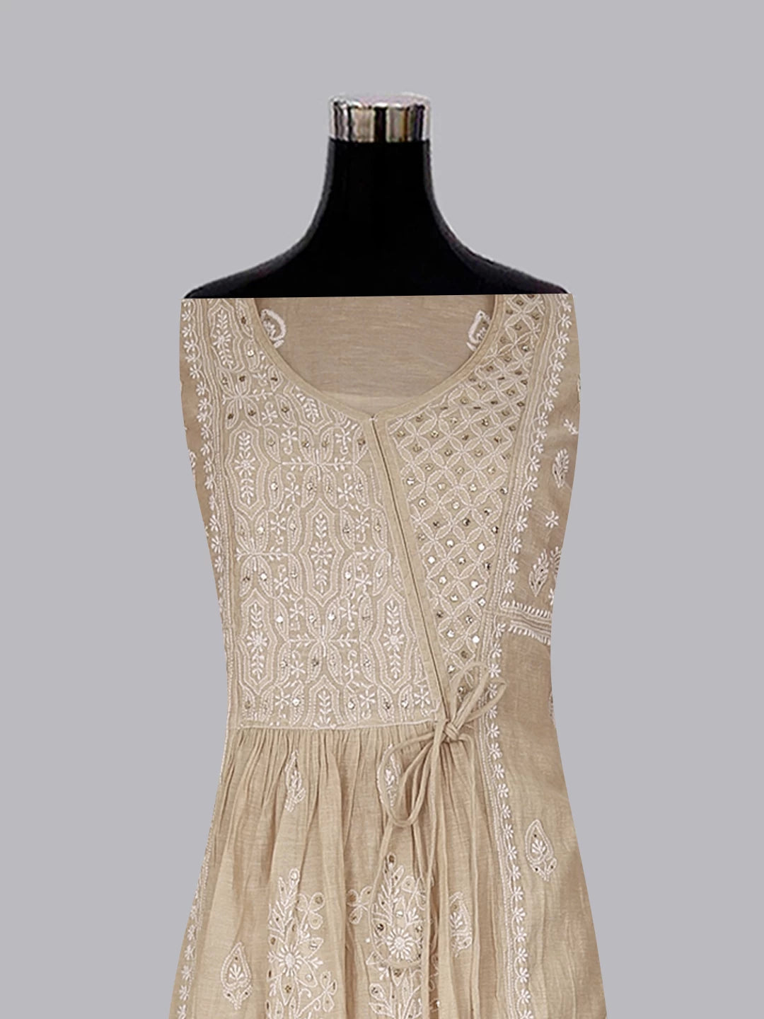 Ada Hand Embroidered Natural Fawn Tissue Lucknowi Chikankari Semi-Stitched Kurta Piece With Muqaish Work 01A365986