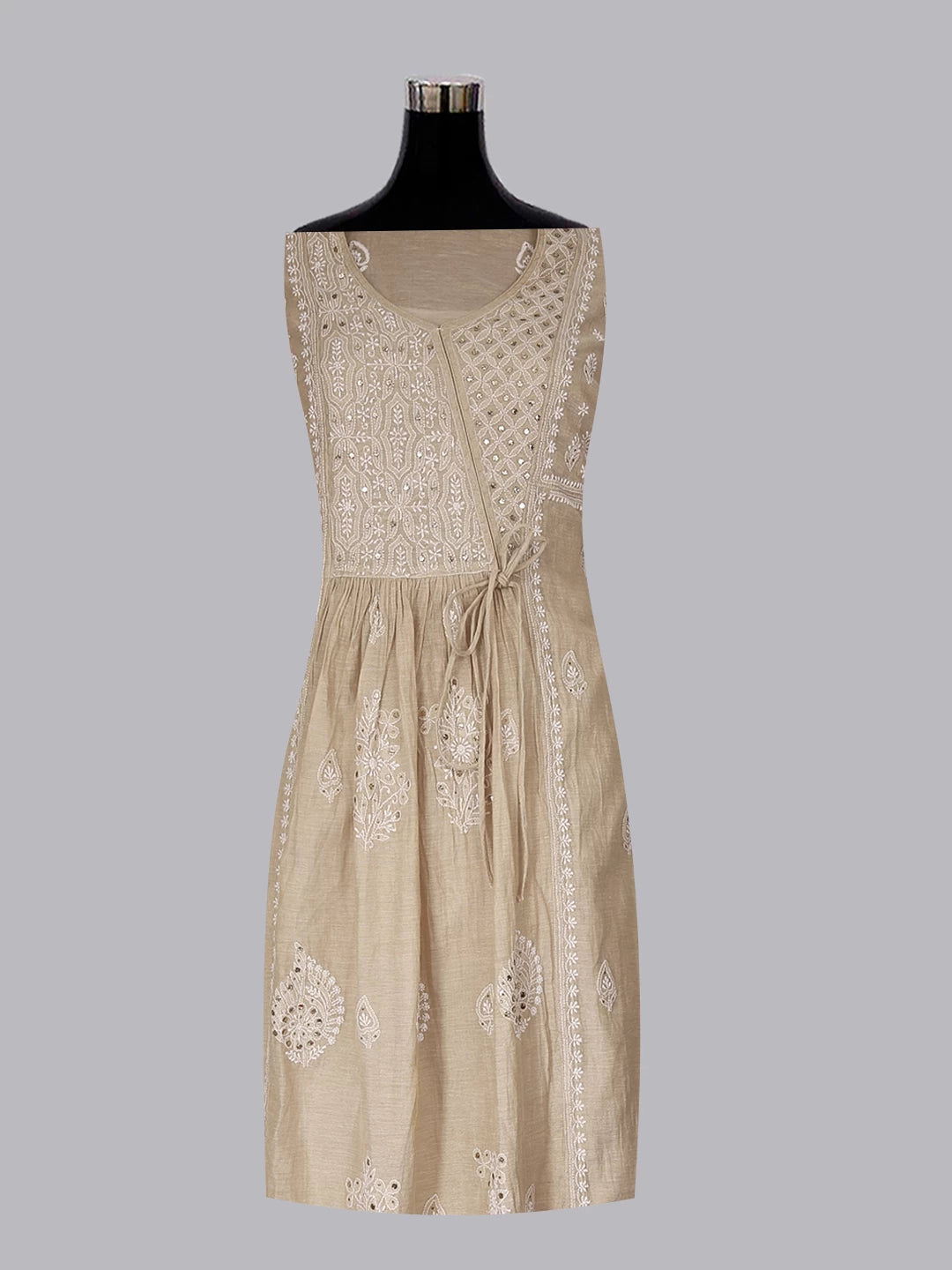 Ada Hand Embroidered Natural Fawn Tissue Lucknowi Chikankari Semi-Stitched Kurta Piece With Muqaish Work 01A365986