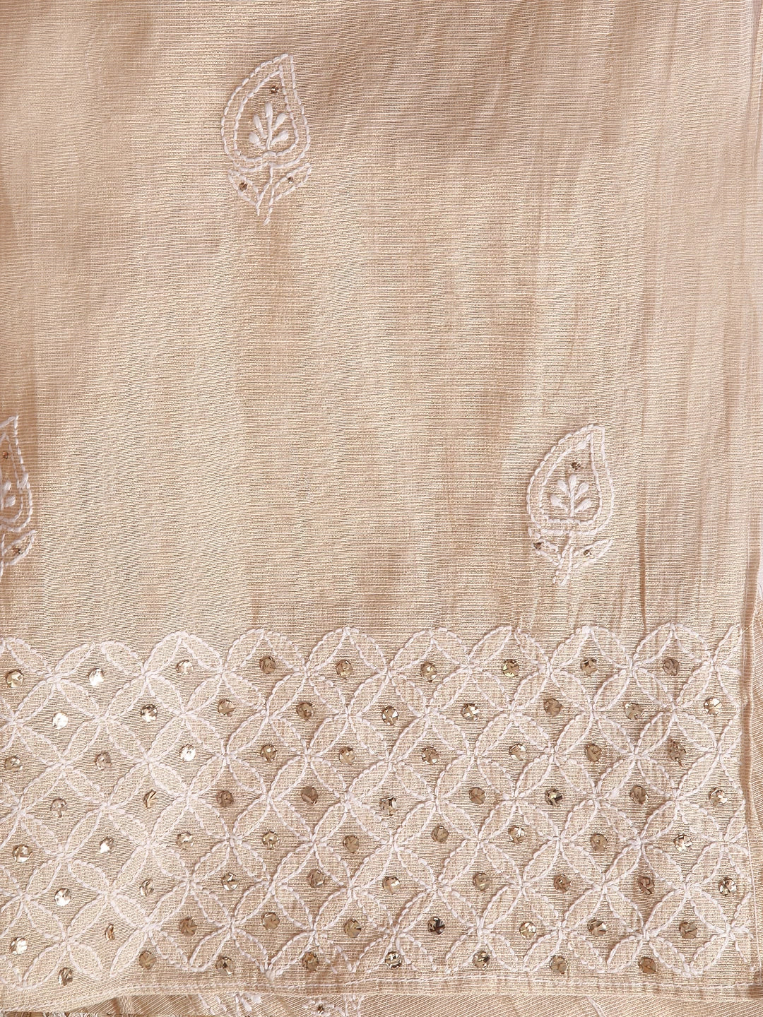 Ada Hand Embroidered Natural Fawn Tissue Lucknowi Chikankari Semi-Stitched Kurta Piece With Muqaish Work 01A365986