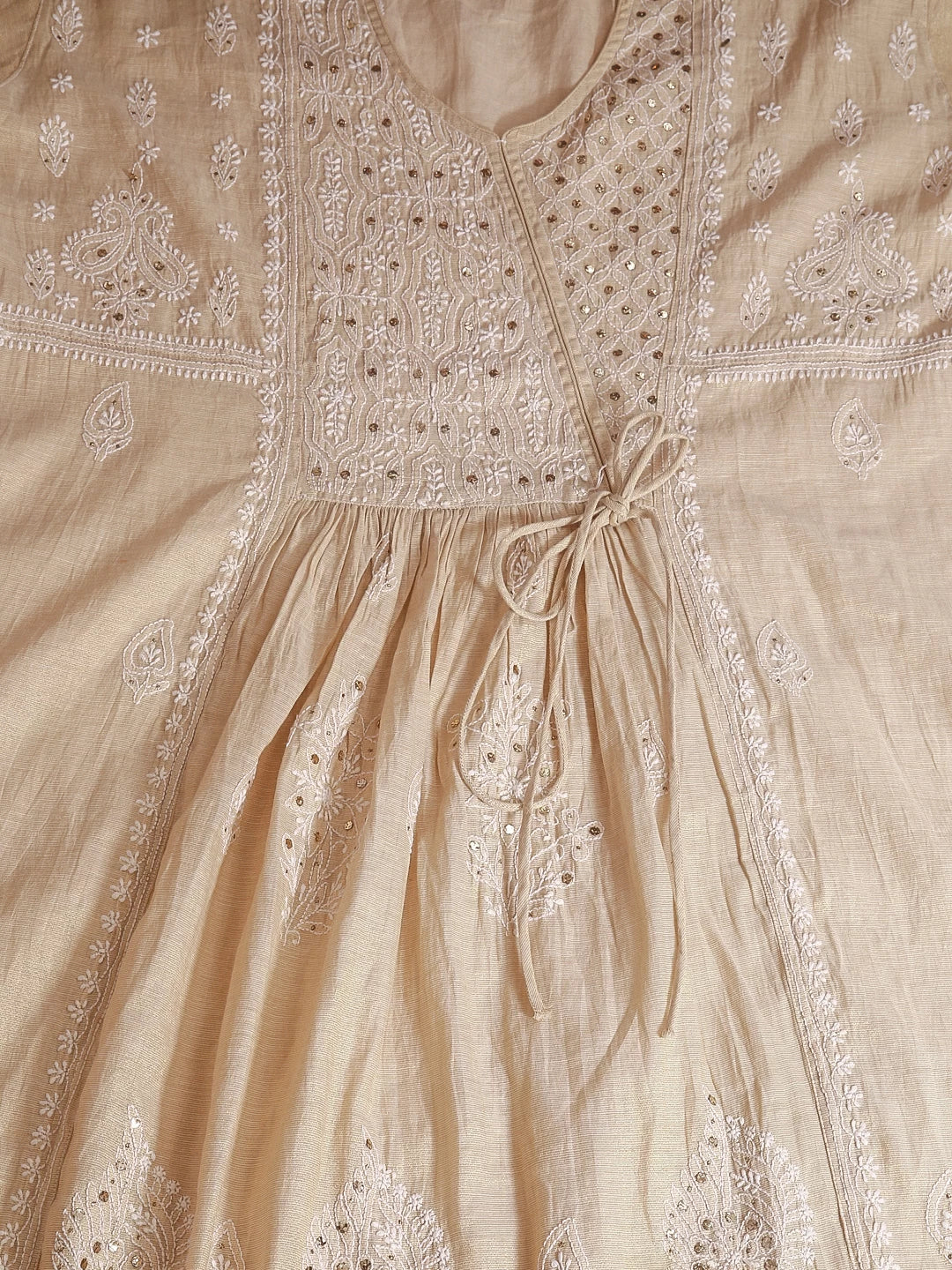 Ada Hand Embroidered Natural Fawn Tissue Lucknowi Chikankari Semi-Stitched Kurta Piece With Muqaish Work 01A365986