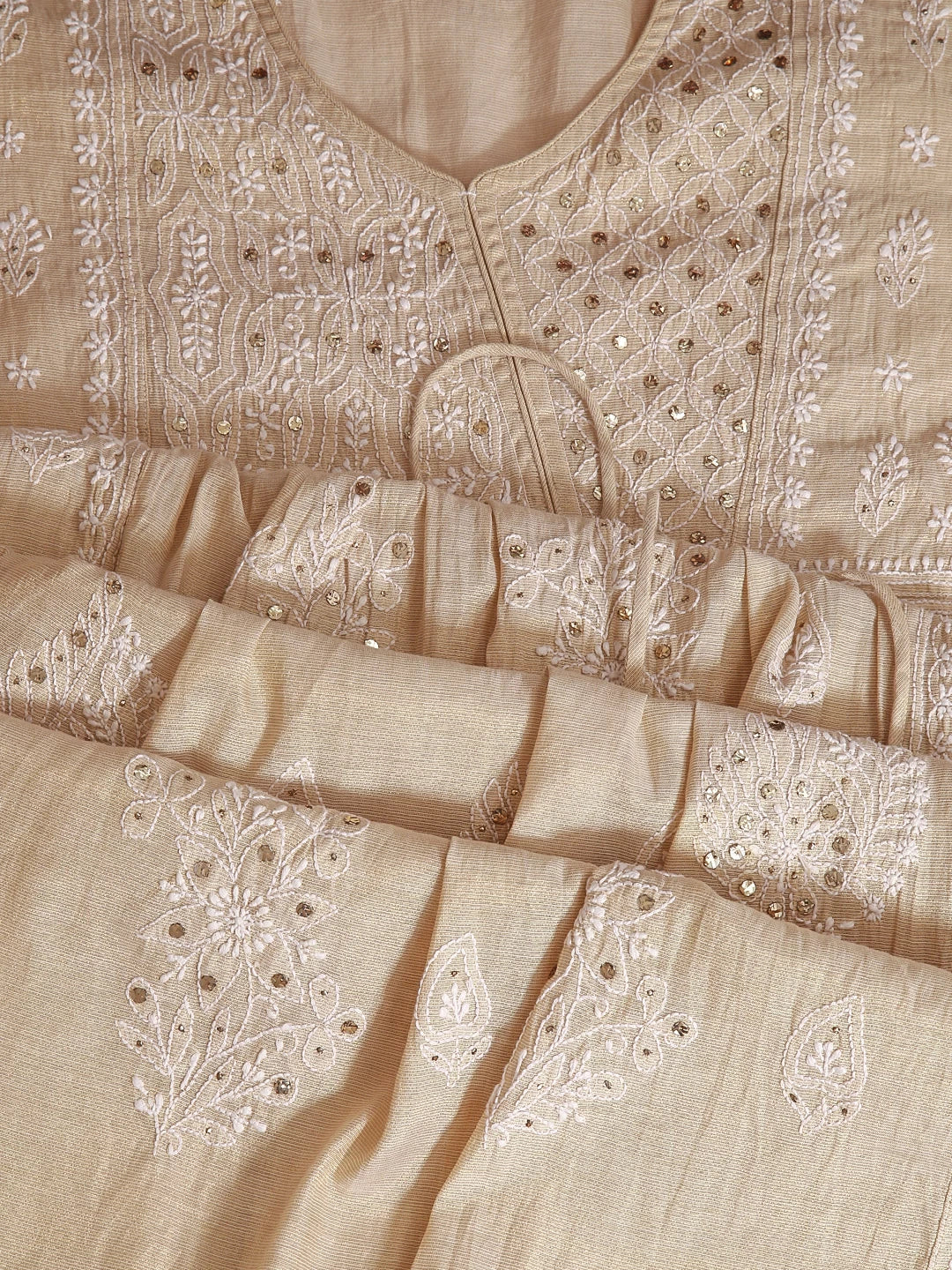Ada Hand Embroidered Natural Fawn Tissue Lucknowi Chikankari Semi-Stitched Kurta Piece With Muqaish Work 01A365986