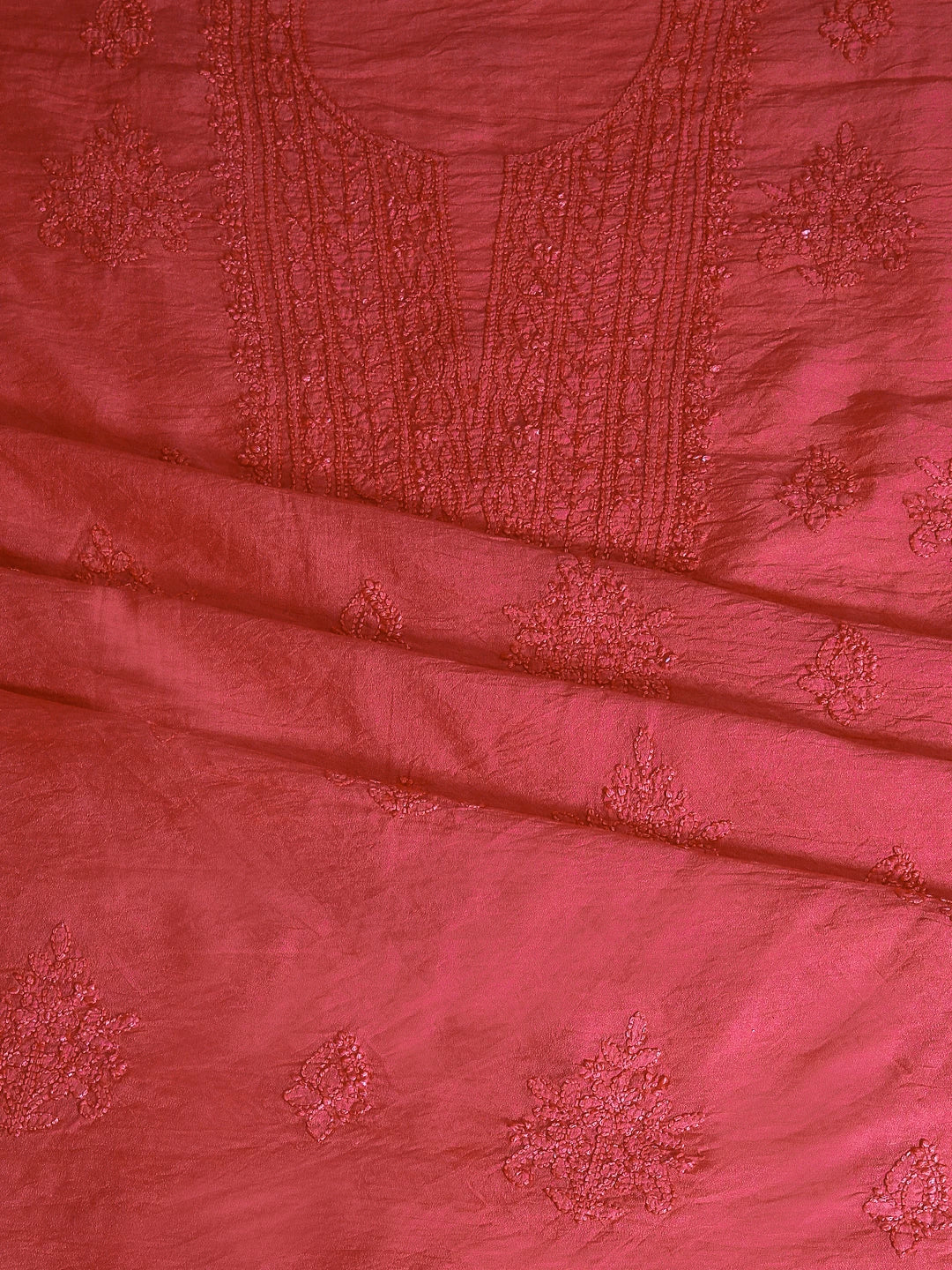 Ada Hand Embroidered Carrot Pink Chanderi Lucknowi Chikankari Unstitched Kurta Piece 01A325113