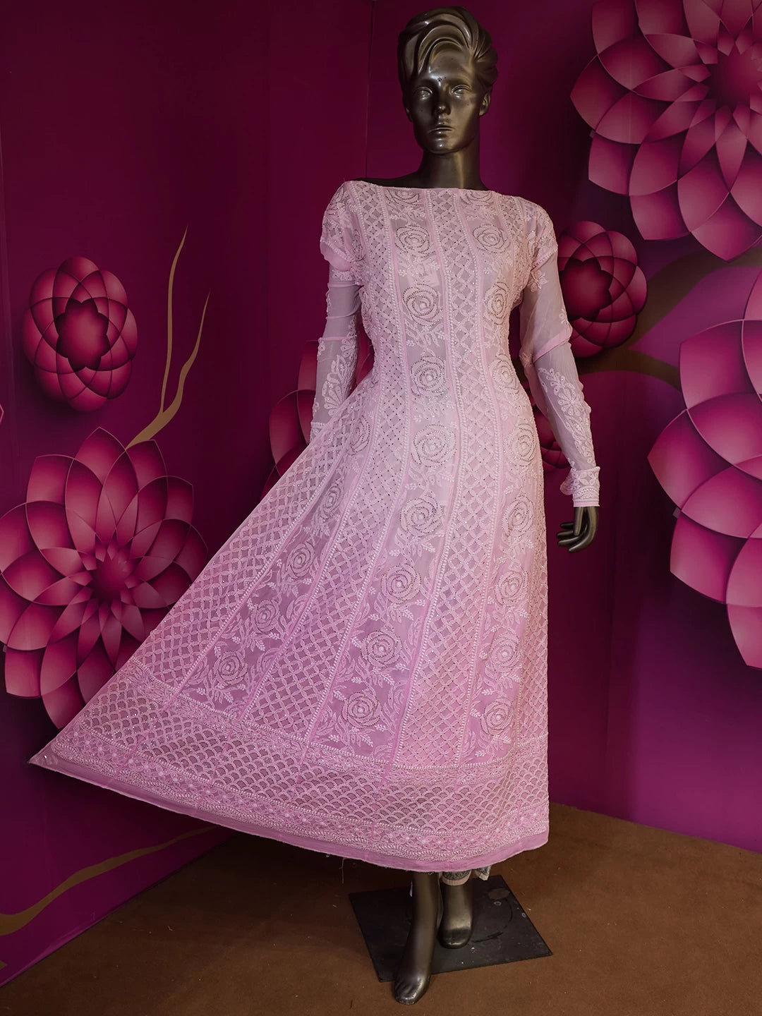 Ada Hand Embroidered Pink Ombre Shade Pure Georgette Lucknowi Chikankari Semi-Stitched Anarkali Kurta Dupatta Set With Muqaish Work 01A330799