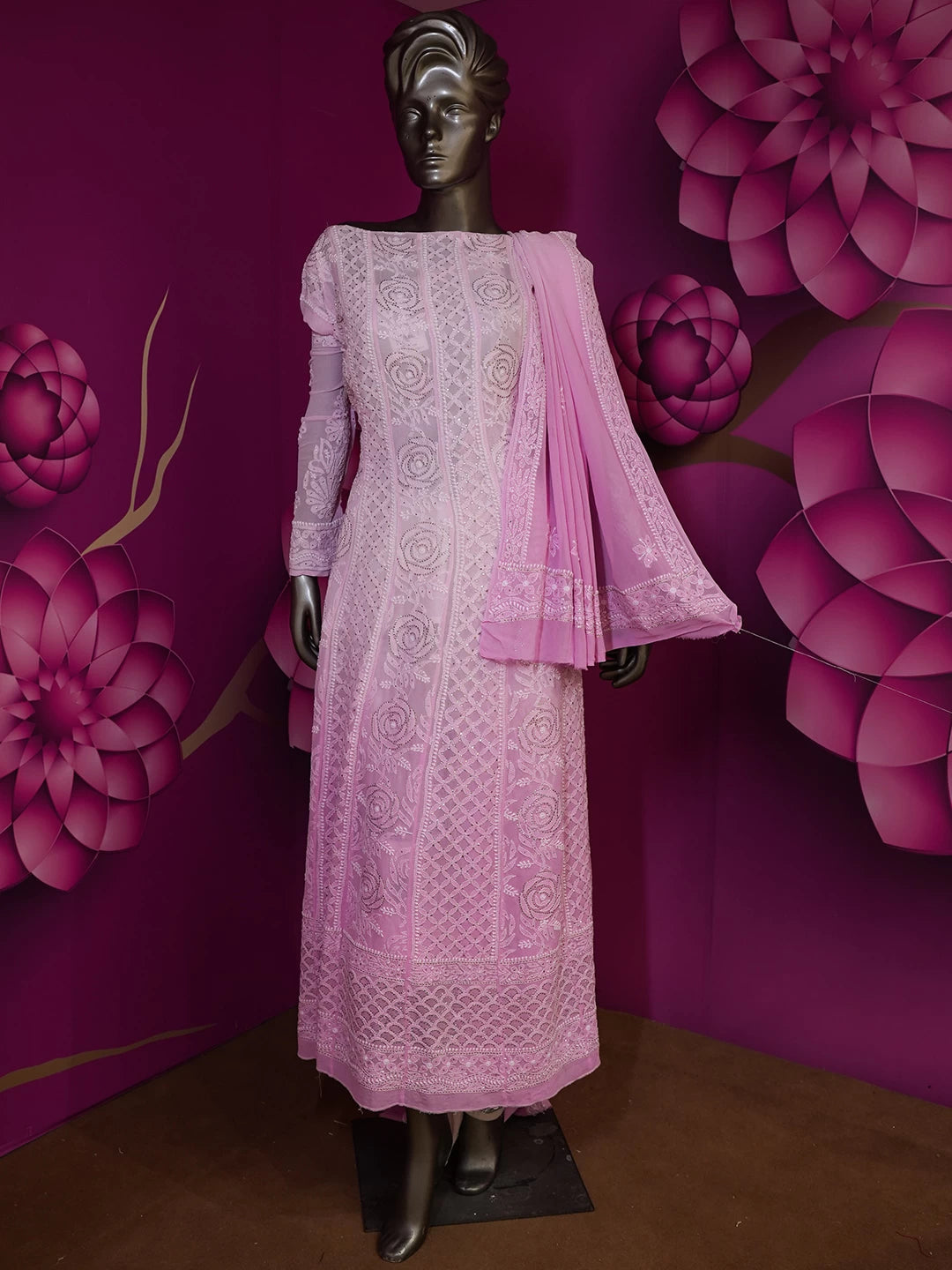 Ada Hand Embroidered Pink Ombre Shade Pure Georgette Lucknowi Chikankari Semi-Stitched Anarkali Kurta Dupatta Set With Muqaish Work 01A330799