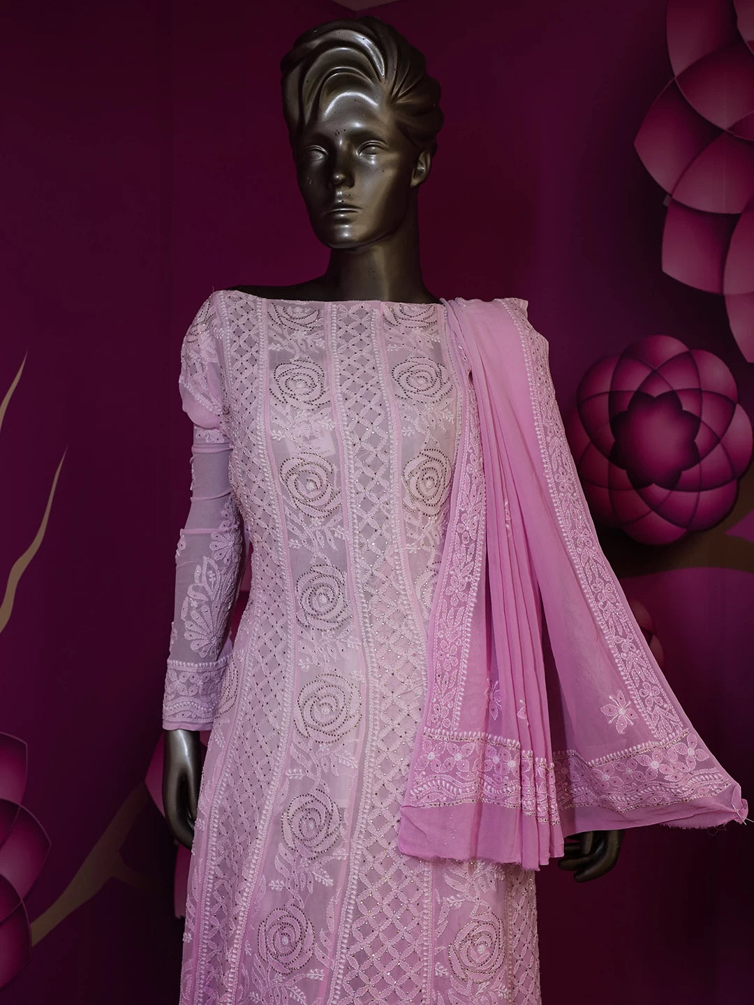 Ada Hand Embroidered Pink Ombre Shade Pure Georgette Lucknowi Chikankari Semi-Stitched Anarkali Kurta Dupatta Set With Muqaish Work 01A330799