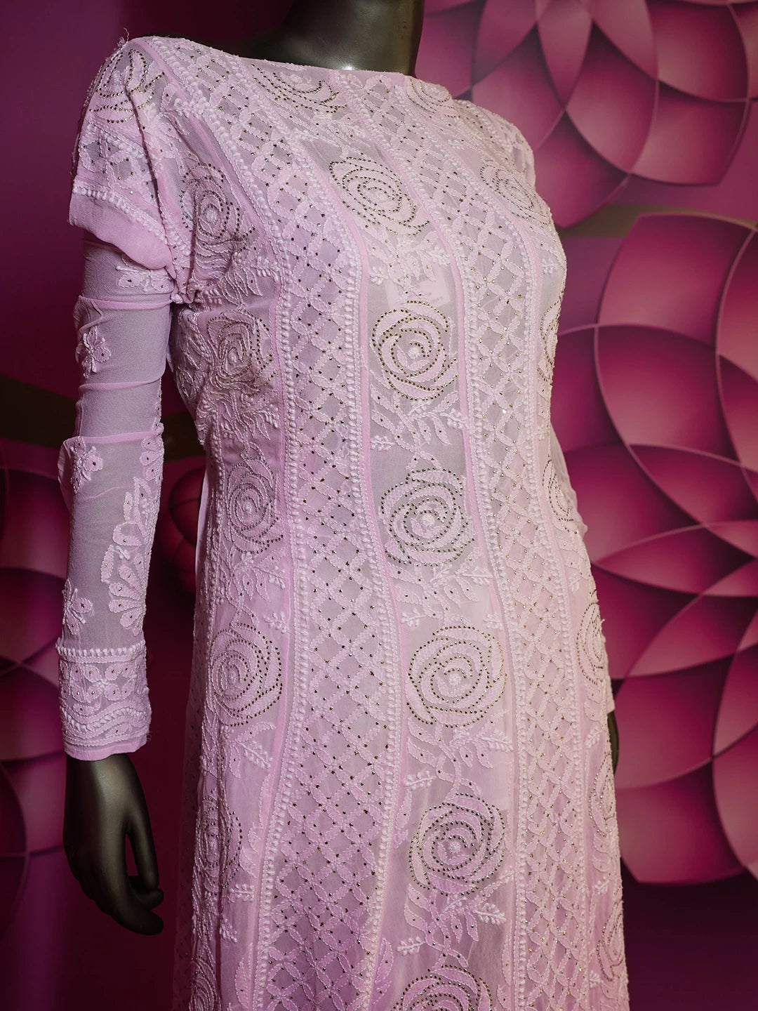 Ada Hand Embroidered Pink Ombre Shade Pure Georgette Lucknowi Chikankari Semi-Stitched Anarkali Kurta Dupatta Set With Muqaish Work 01A330799