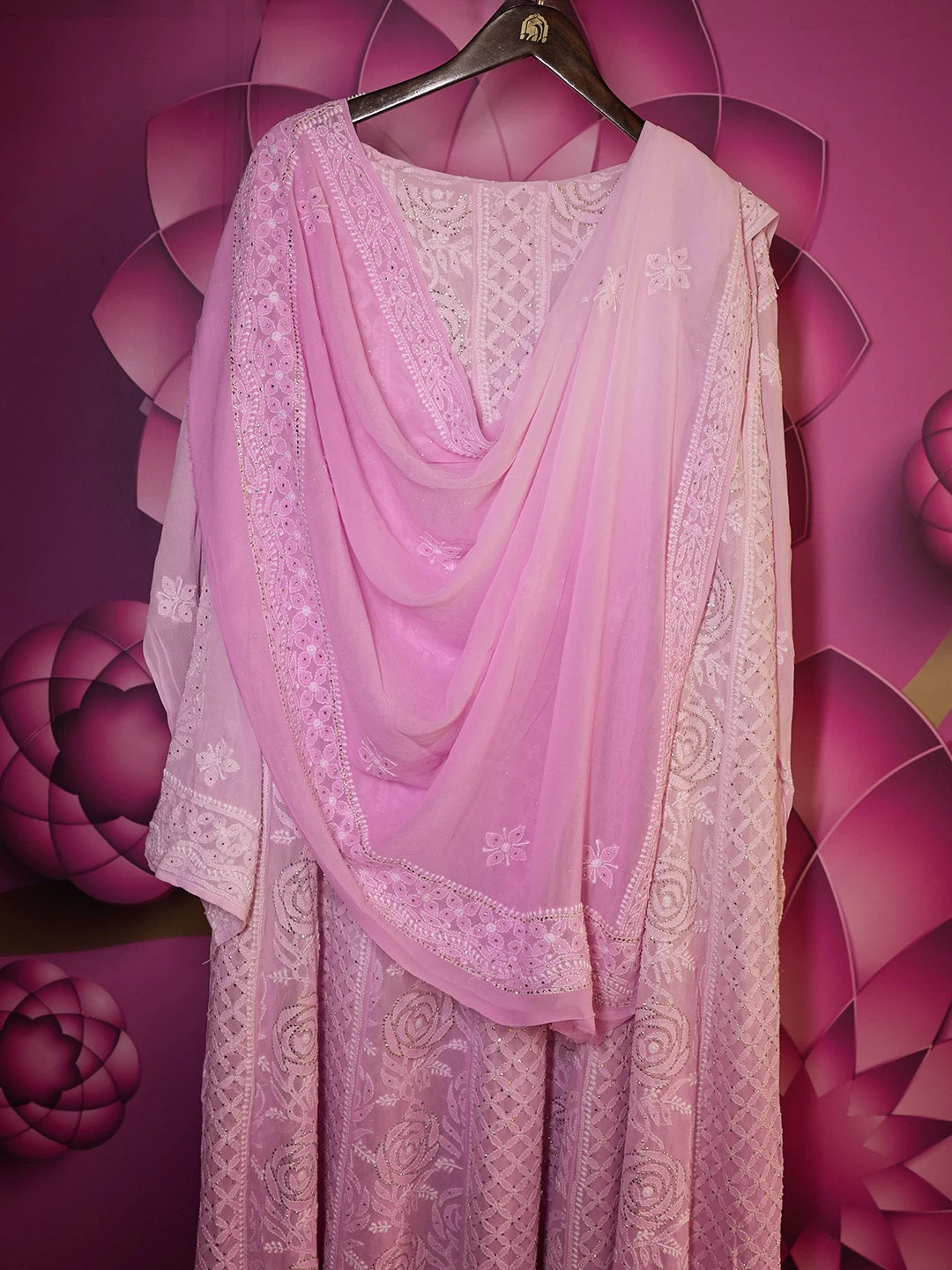 Ada Hand Embroidered Pink Ombre Shade Pure Georgette Lucknowi Chikankari Semi-Stitched Anarkali Kurta Dupatta Set With Muqaish Work 01A330799
