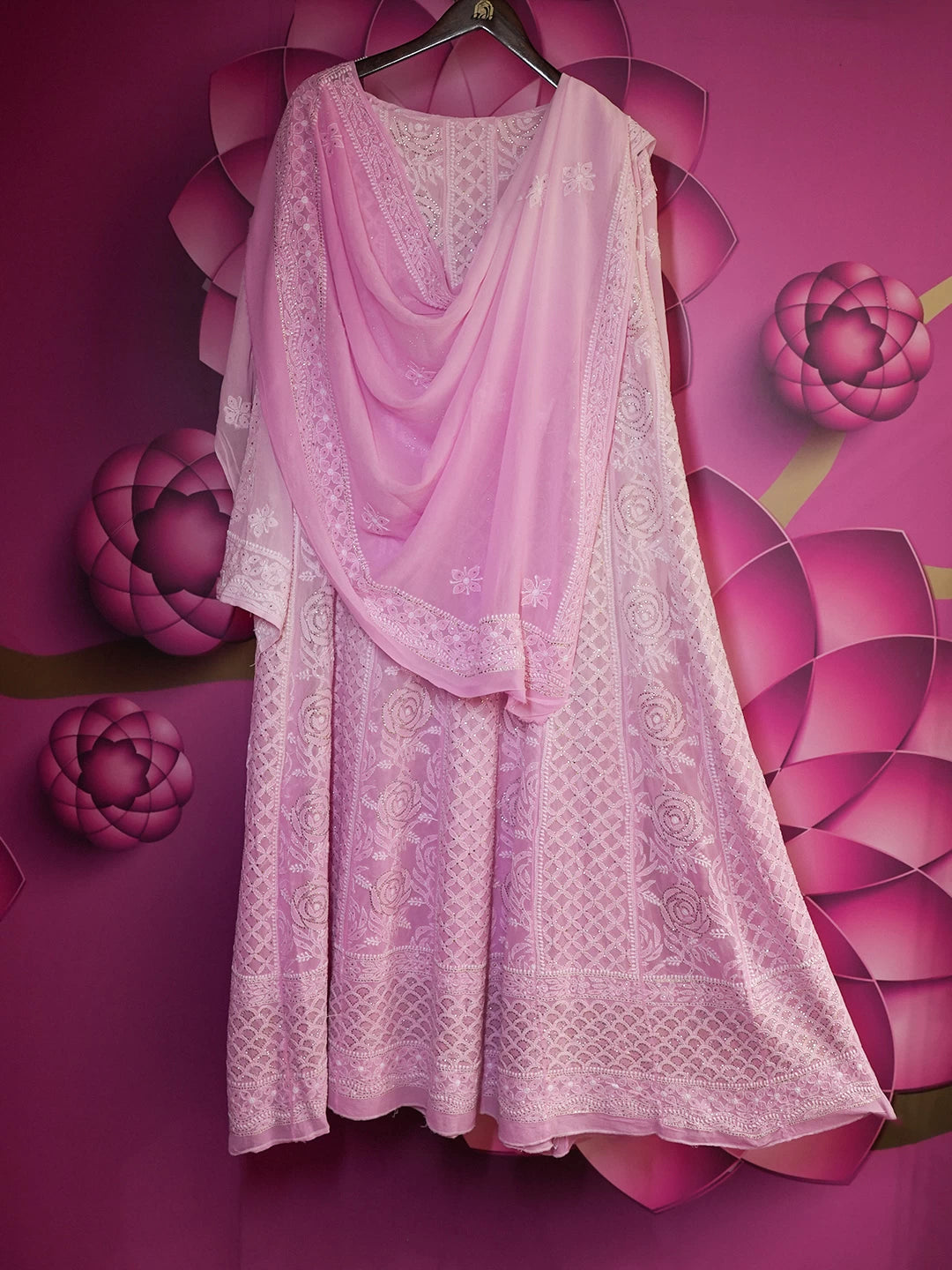 Ada Hand Embroidered Pink Ombre Shade Pure Georgette Lucknowi Chikankari Semi-Stitched Anarkali Kurta Dupatta Set With Muqaish Work 01A330799