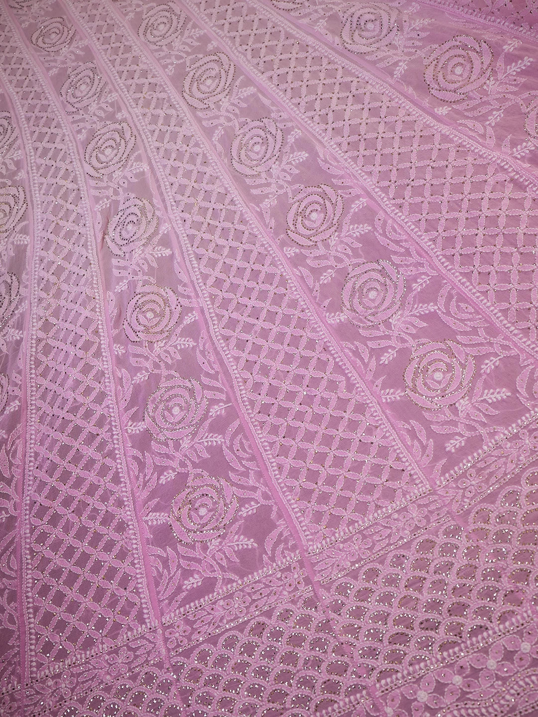Ada Hand Embroidered Pink Ombre Shade Pure Georgette Lucknowi Chikankari Semi-Stitched Anarkali Kurta Dupatta Set With Muqaish Work 01A330799
