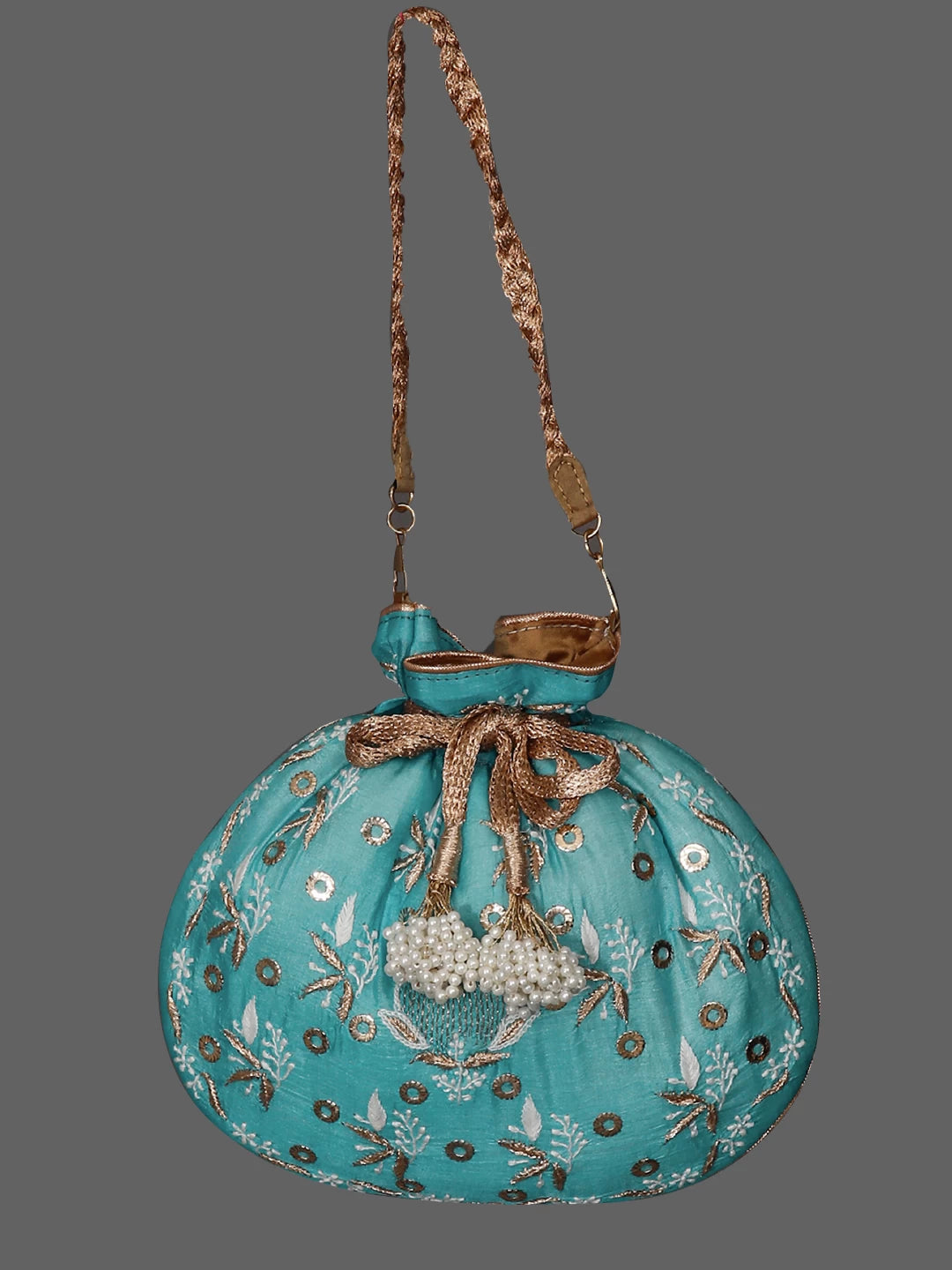 Ada Hand Embroidered Cyan Blue Silk Lucknowi Chikankari Potli Bag With Muqaish Work 01A364148