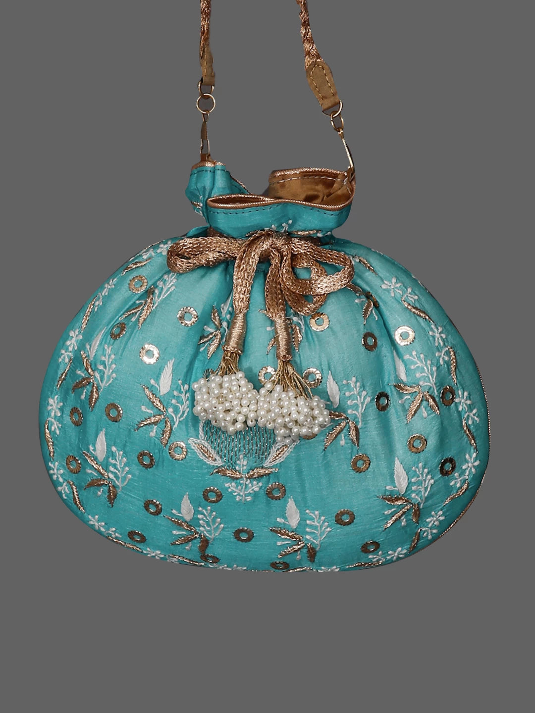 Ada Hand Embroidered Cyan Blue Silk Lucknowi Chikankari Potli Bag With Muqaish Work 01A364148