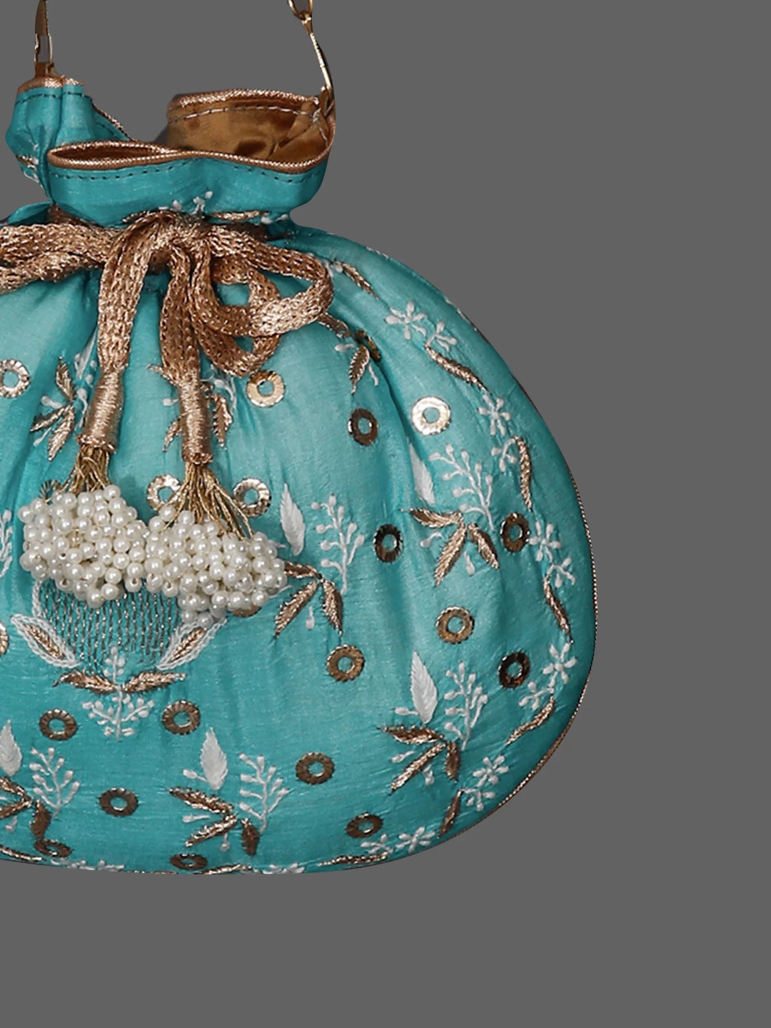 Ada Hand Embroidered Cyan Blue Silk Lucknowi Chikankari Potli Bag With Muqaish Work 01A364148