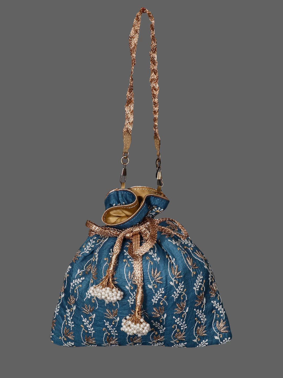 Ada Hand Embroidered Teal Blue Silk Lucknowi Chikankari Potli Bag With Muqaish Work 01A398079