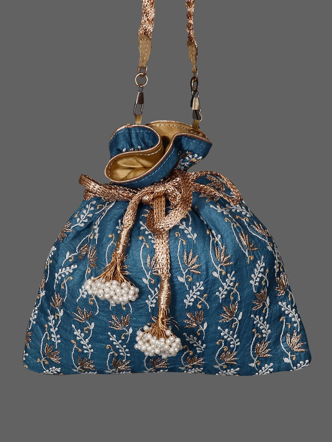 Ada Hand Embroidered Teal Blue Silk Lucknowi Chikankari Potli Bag With Muqaish Work 01A398079