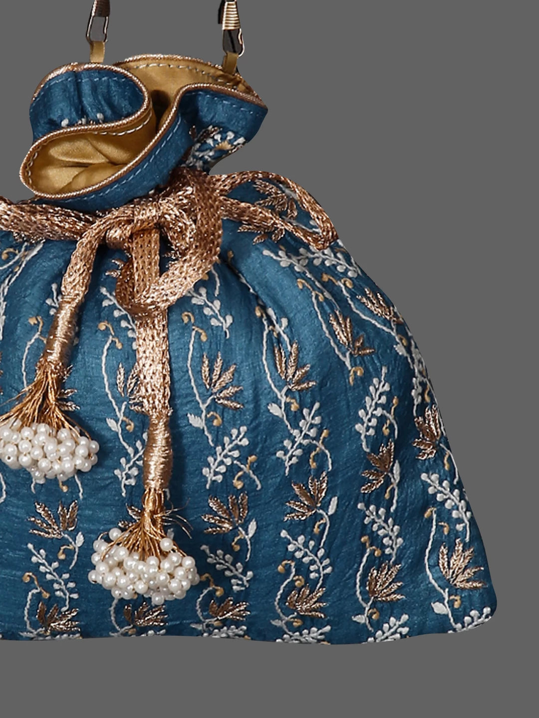 Ada Hand Embroidered Teal Blue Silk Lucknowi Chikankari Potli Bag With Muqaish Work 01A398079