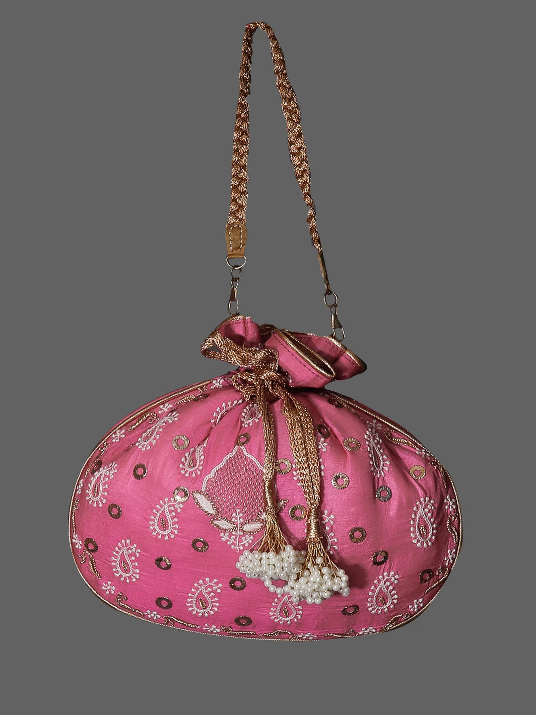 Ada Hand Embroidered Bubblegum Pink Silk Lucknowi Chikankari Potli Bag With Muqaish Work 01A398089