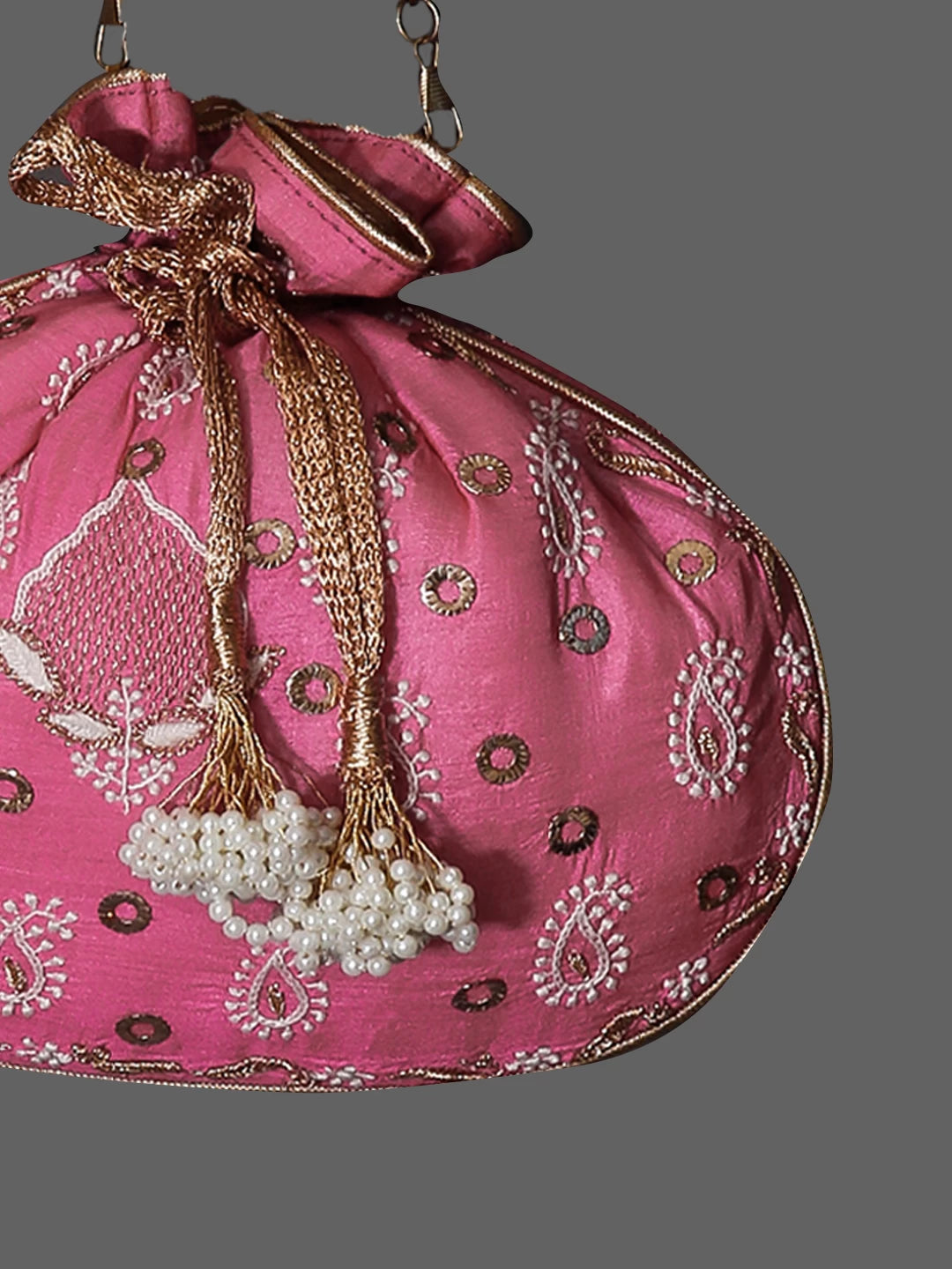 Ada Hand Embroidered Bubblegum Pink Silk Lucknowi Chikankari Potli Bag With Muqaish Work 01A398089