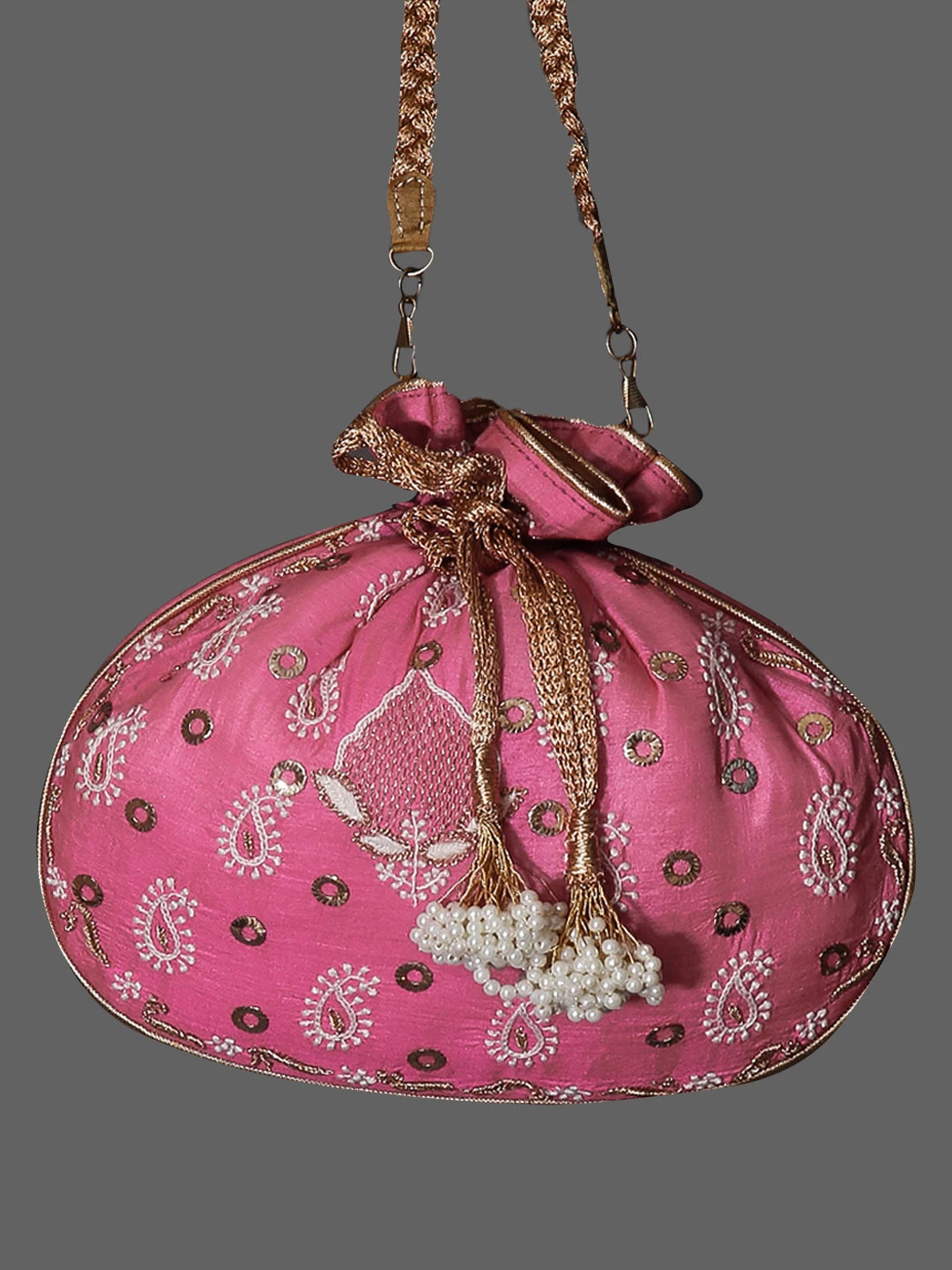 Ada Hand Embroidered Bubblegum Pink Silk Lucknowi Chikankari Potli Bag With Muqaish Work 01A398089