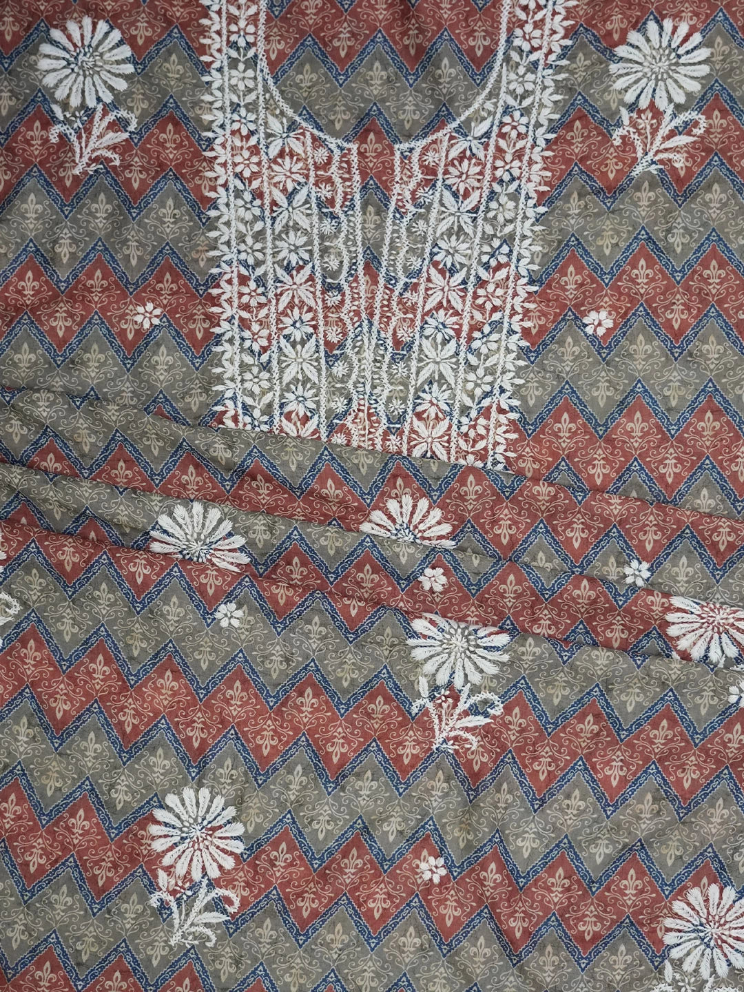 Ada Hand Embroidered Rust And Grey Muslin Lucknowi Chikankari Unstitched Kurta Piece 01A426069
