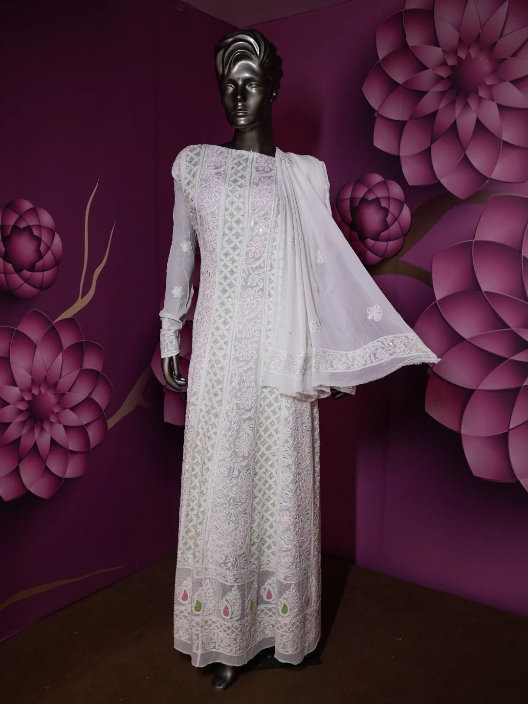 Ada Hand Embroidered Off White Viscose Georgette Lucknowi Chikankari Semi-Stitched Anarkali Kurta Dupatta Set With Cutdana Work 01A461846