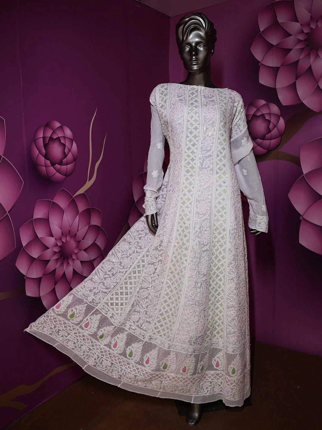 Ada Hand Embroidered Off White Viscose Georgette Lucknowi Chikankari Semi-Stitched Anarkali Kurta Dupatta Set With Cutdana Work 01A461846