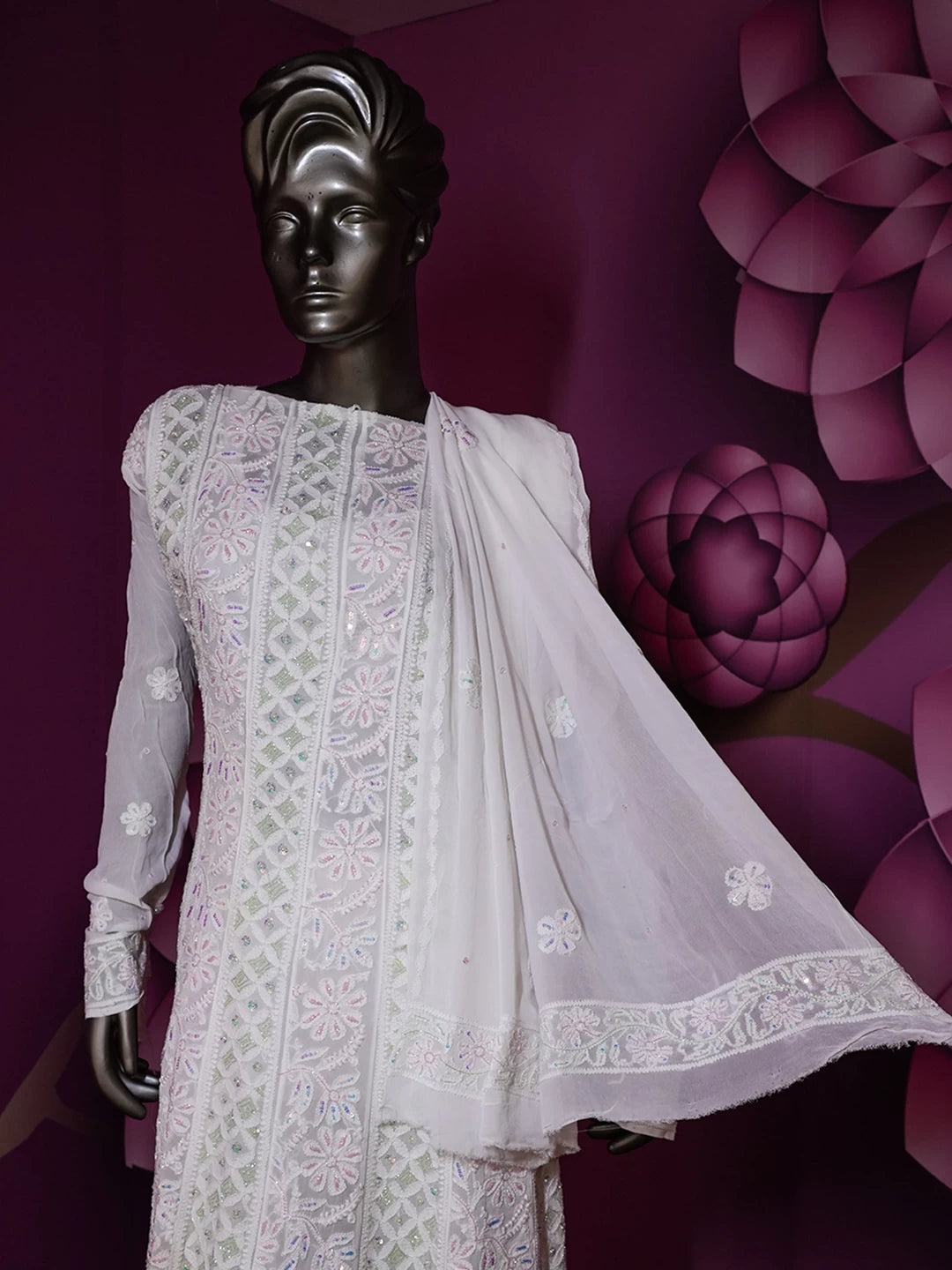 Ada Hand Embroidered Off White Viscose Georgette Lucknowi Chikankari Semi-Stitched Anarkali Kurta Dupatta Set With Cutdana Work 01A461846