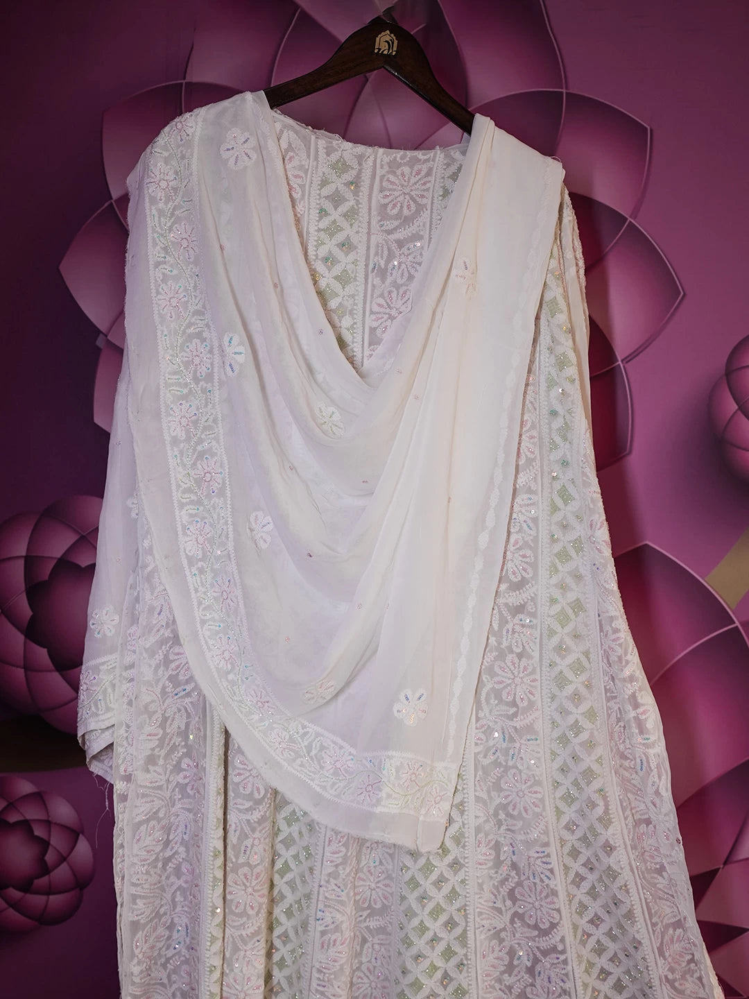 Ada Hand Embroidered Off White Viscose Georgette Lucknowi Chikankari Semi-Stitched Anarkali Kurta Dupatta Set With Cutdana Work 01A461846