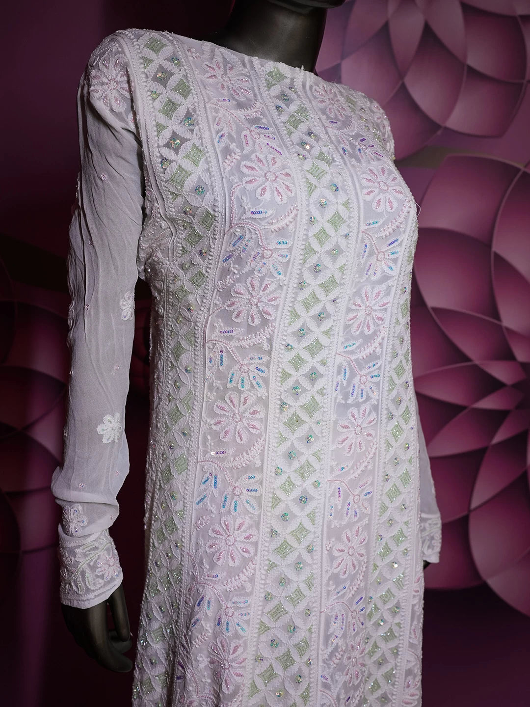 Ada Hand Embroidered Off White Viscose Georgette Lucknowi Chikankari Semi-Stitched Anarkali Kurta Dupatta Set With Cutdana Work 01A461846