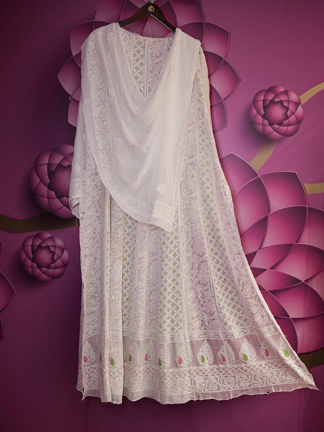 Ada Hand Embroidered Off White Viscose Georgette Lucknowi Chikankari Semi-Stitched Anarkali Kurta Dupatta Set With Cutdana Work 01A461846