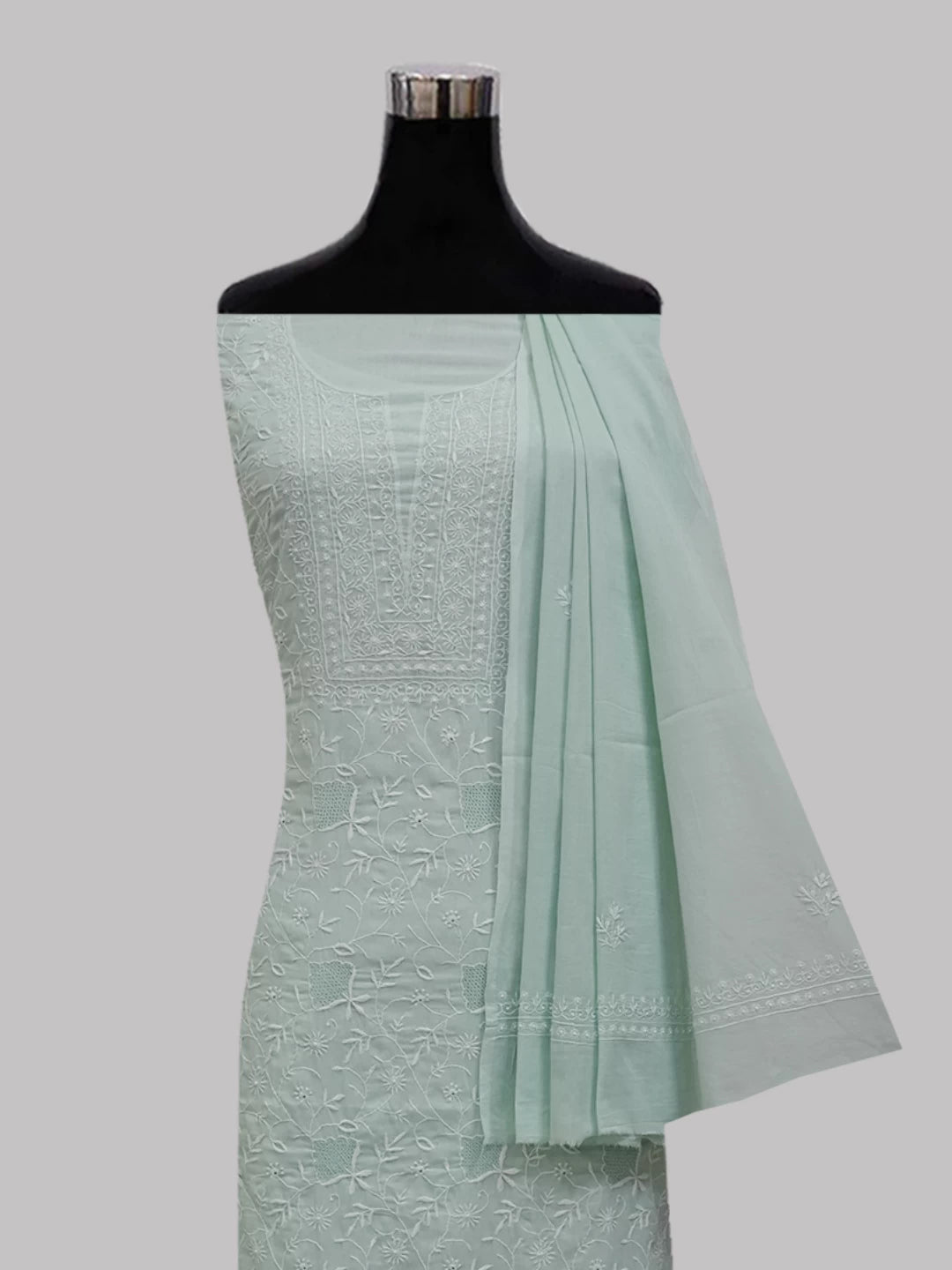 Ada Hand Embroidered Sea Green Cotton Lucknowi Chikankari Unstitched Suit Piece 01A345047
