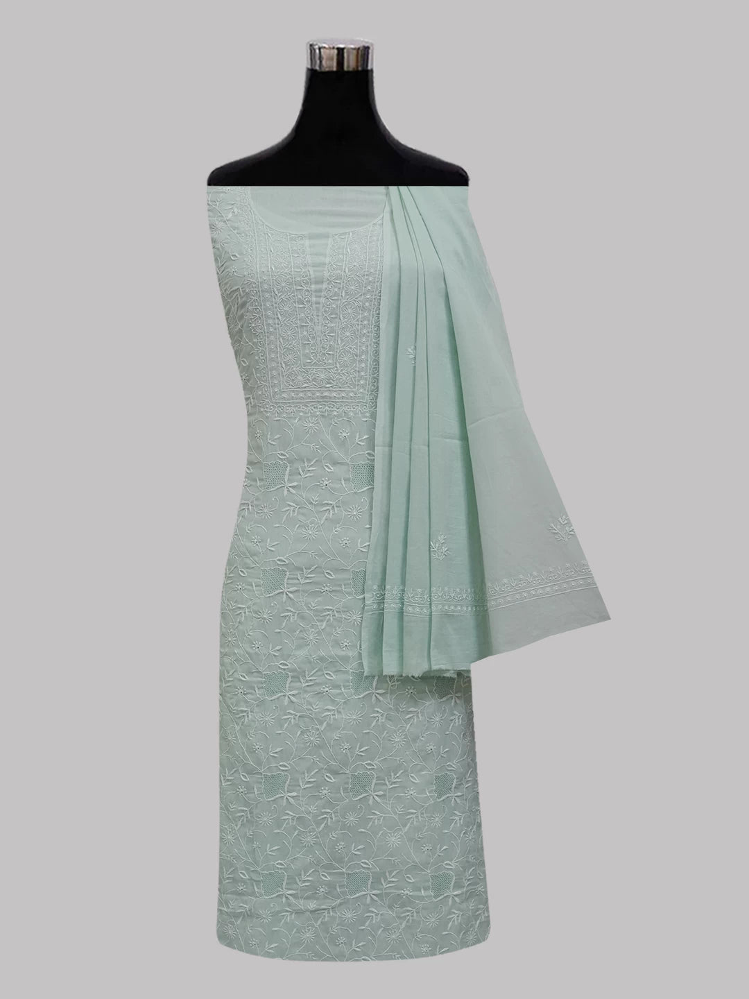 Ada Hand Embroidered Sea Green Cotton Lucknowi Chikankari Unstitched Suit Piece 01A345047