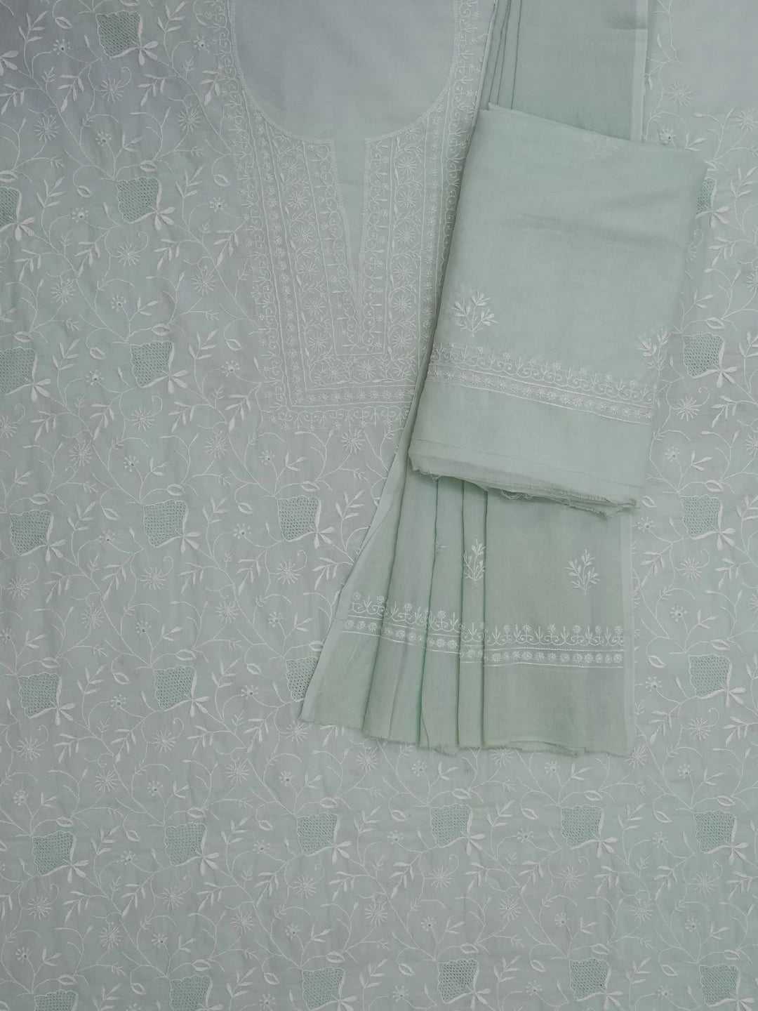 Ada Hand Embroidered Sea Green Cotton Lucknowi Chikankari Unstitched Suit Piece 01A345047