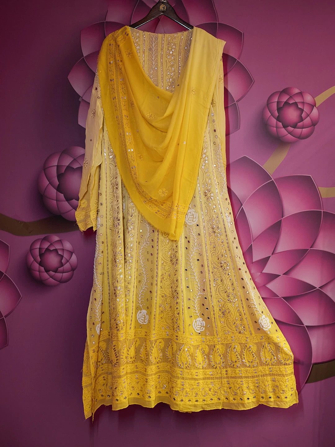Ada Hand Embroidered Lemon And Yellow Ombre shade Georgette Lucknowi Chikankari Semi-Stitched Anarkali Kurta Dupatta Set With Zari Work 01A370830