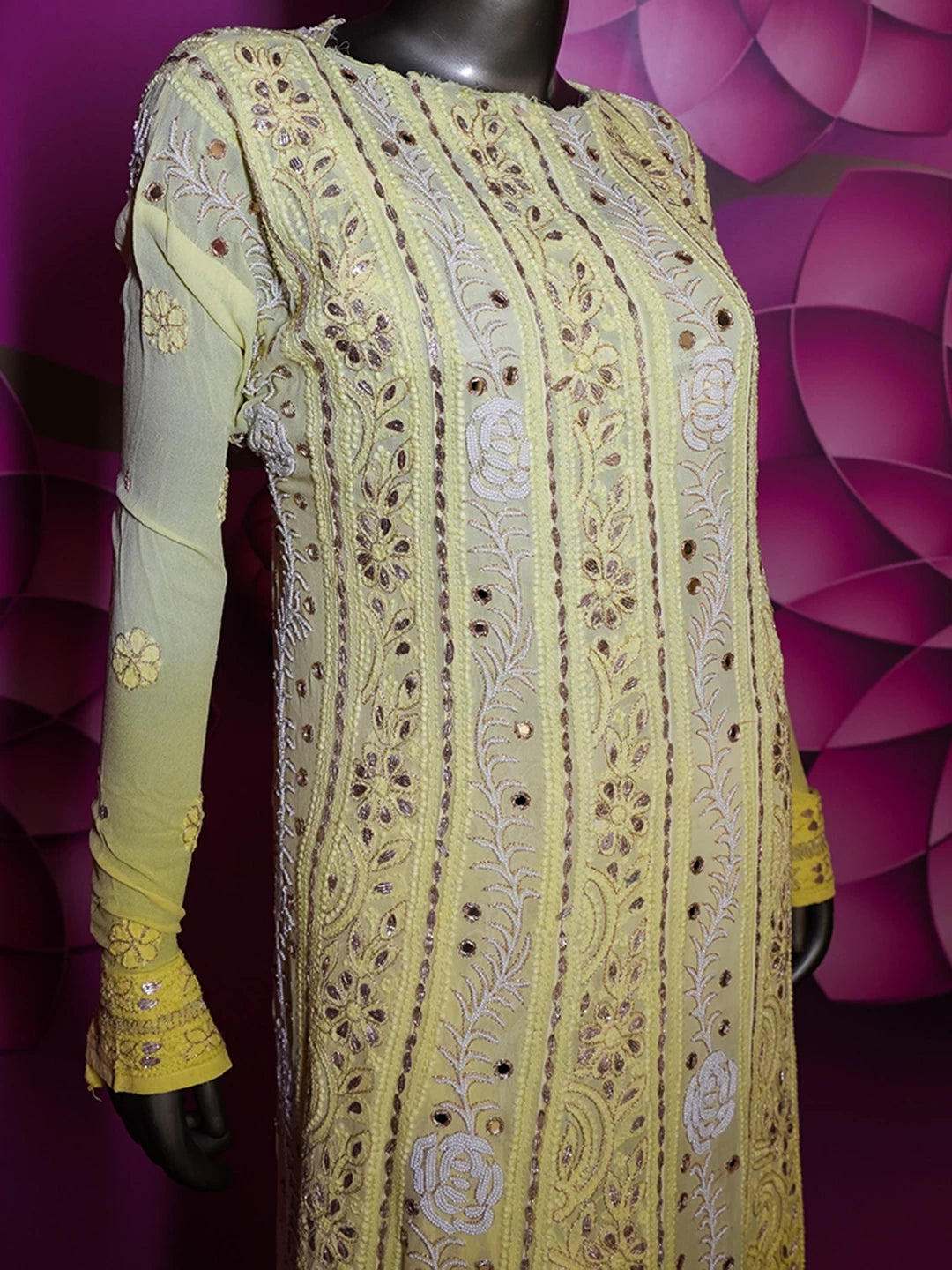 Ada Hand Embroidered Lemon And Yellow Ombre shade Georgette Lucknowi Chikankari Semi-Stitched Anarkali Kurta Dupatta Set With Zari Work 01A370830