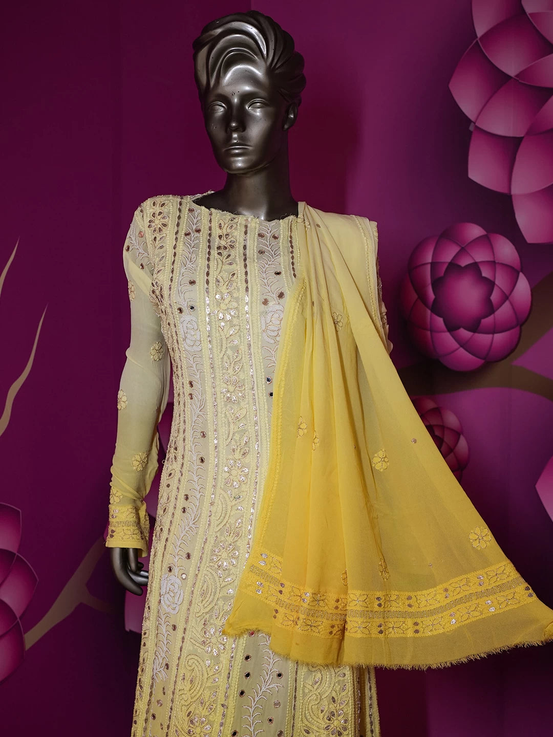 Ada Hand Embroidered Lemon And Yellow Ombre shade Georgette Lucknowi Chikankari Semi-Stitched Anarkali Kurta Dupatta Set With Zari Work 01A370830
