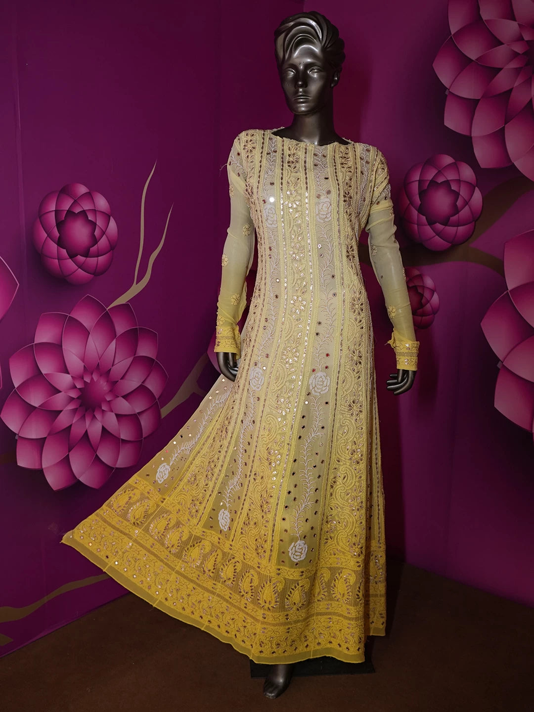 Ada Hand Embroidered Lemon And Yellow Ombre shade Georgette Lucknowi Chikankari Semi-Stitched Anarkali Kurta Dupatta Set With Zari Work 01A370830