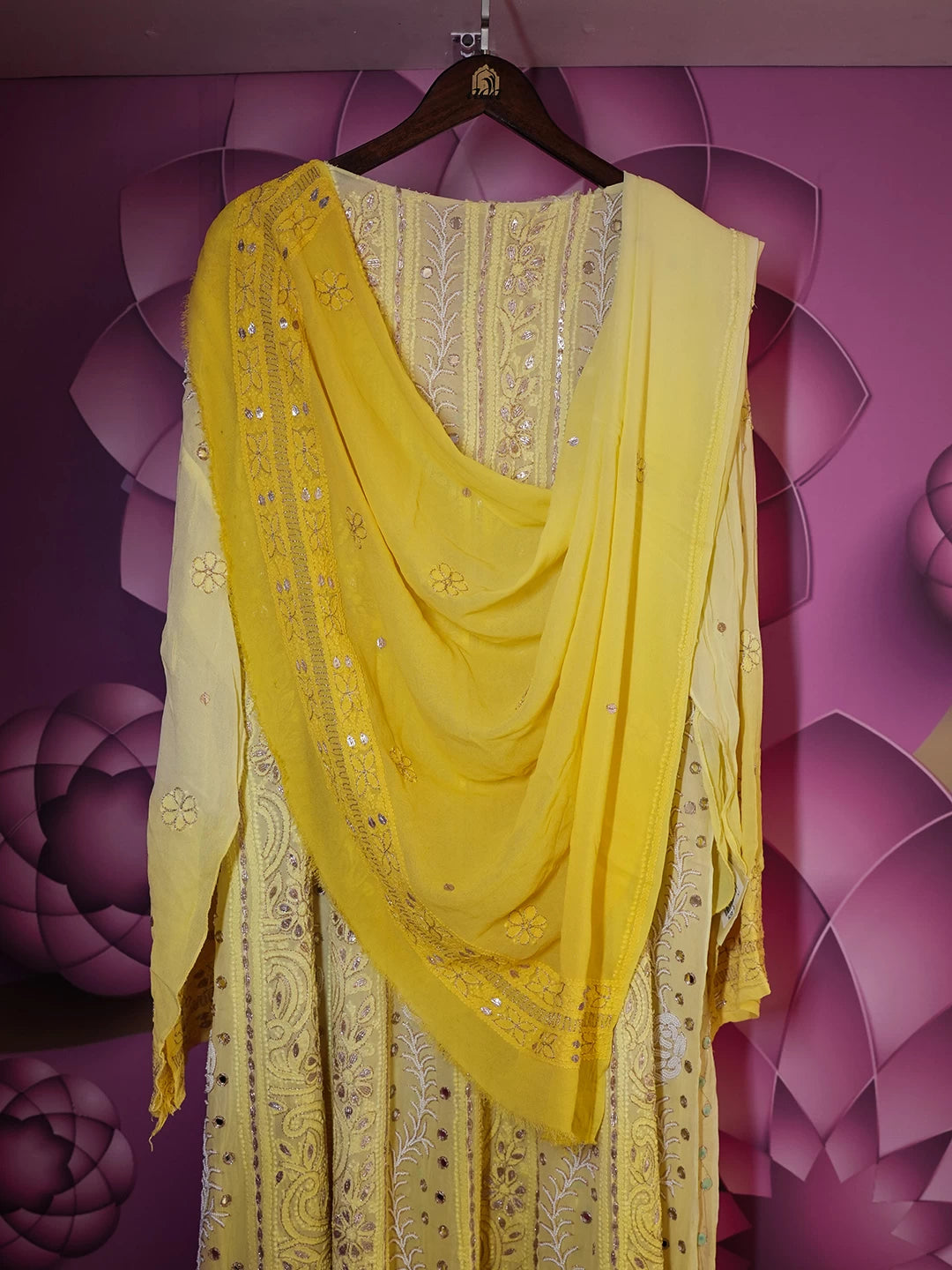 Ada Hand Embroidered Lemon And Yellow Ombre shade Georgette Lucknowi Chikankari Semi-Stitched Anarkali Kurta Dupatta Set With Zari Work 01A370830